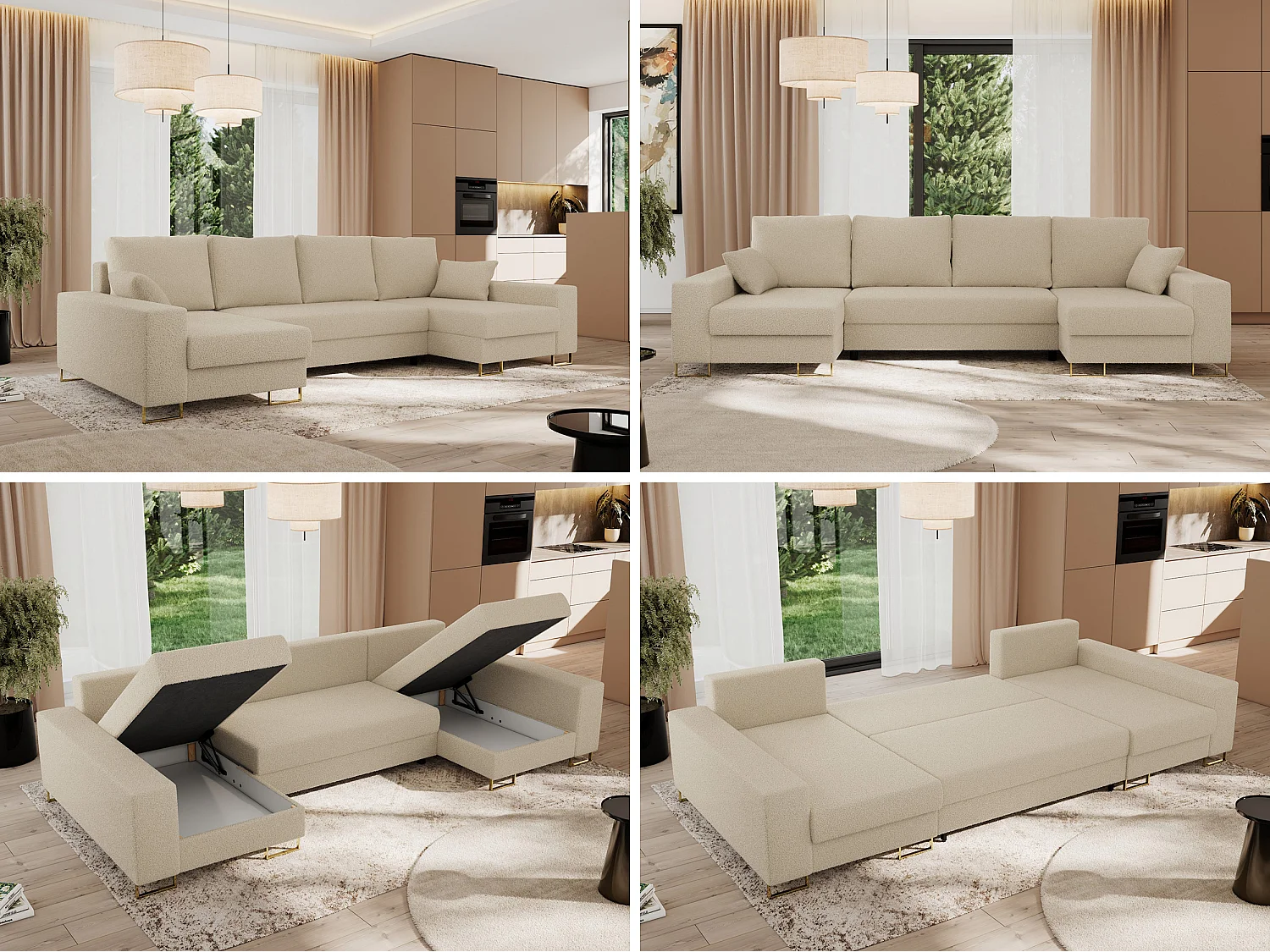 Ecksofa DORIAN U, Wohnlandschaft, Ecksofa mit Armlehnen, schlaffunktion und Bettkästen - Beige Boucle