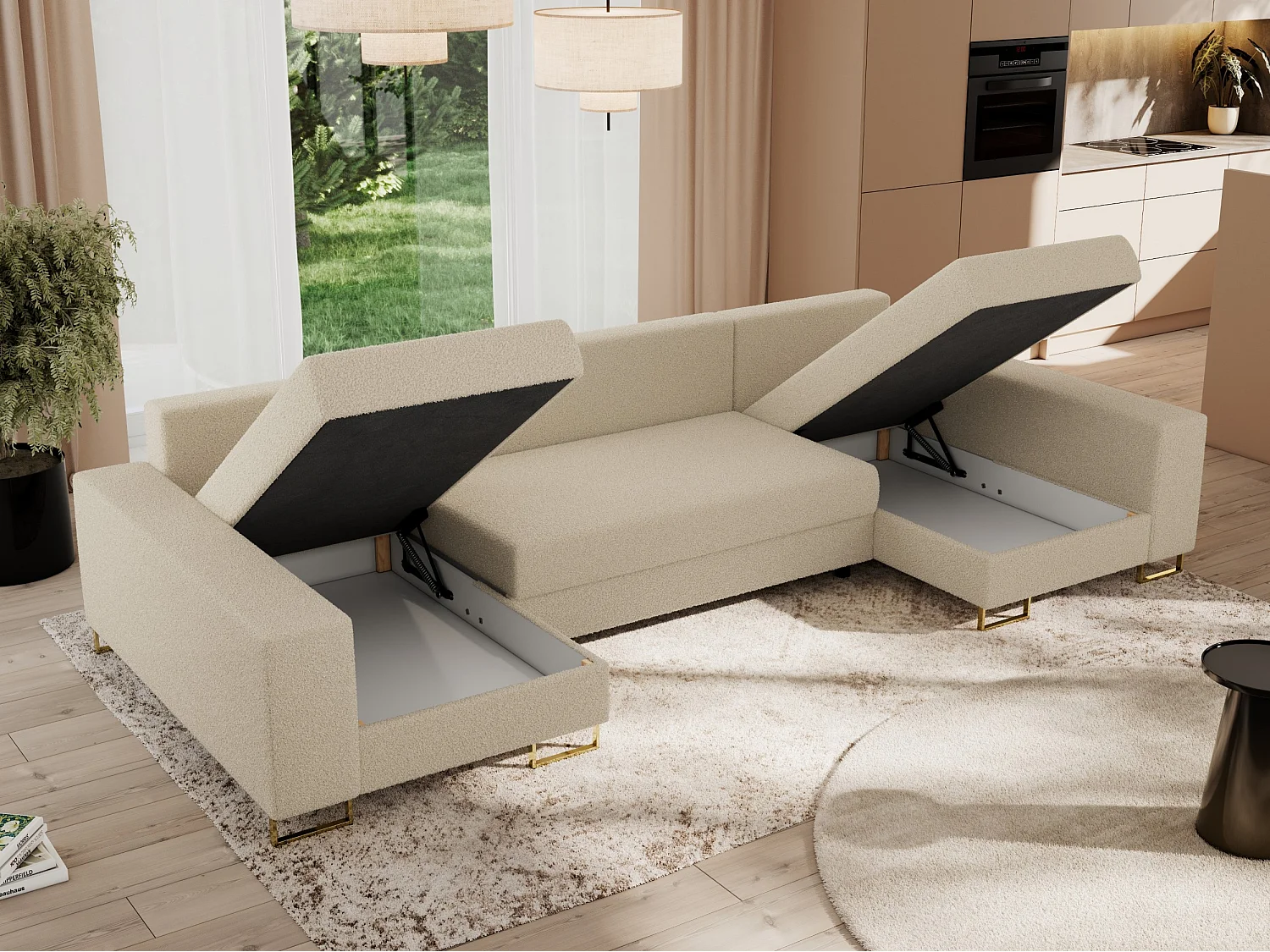 Ecksofa DORIAN U, Wohnlandschaft, Ecksofa mit Armlehnen, schlaffunktion und Bettkästen - Beige Boucle