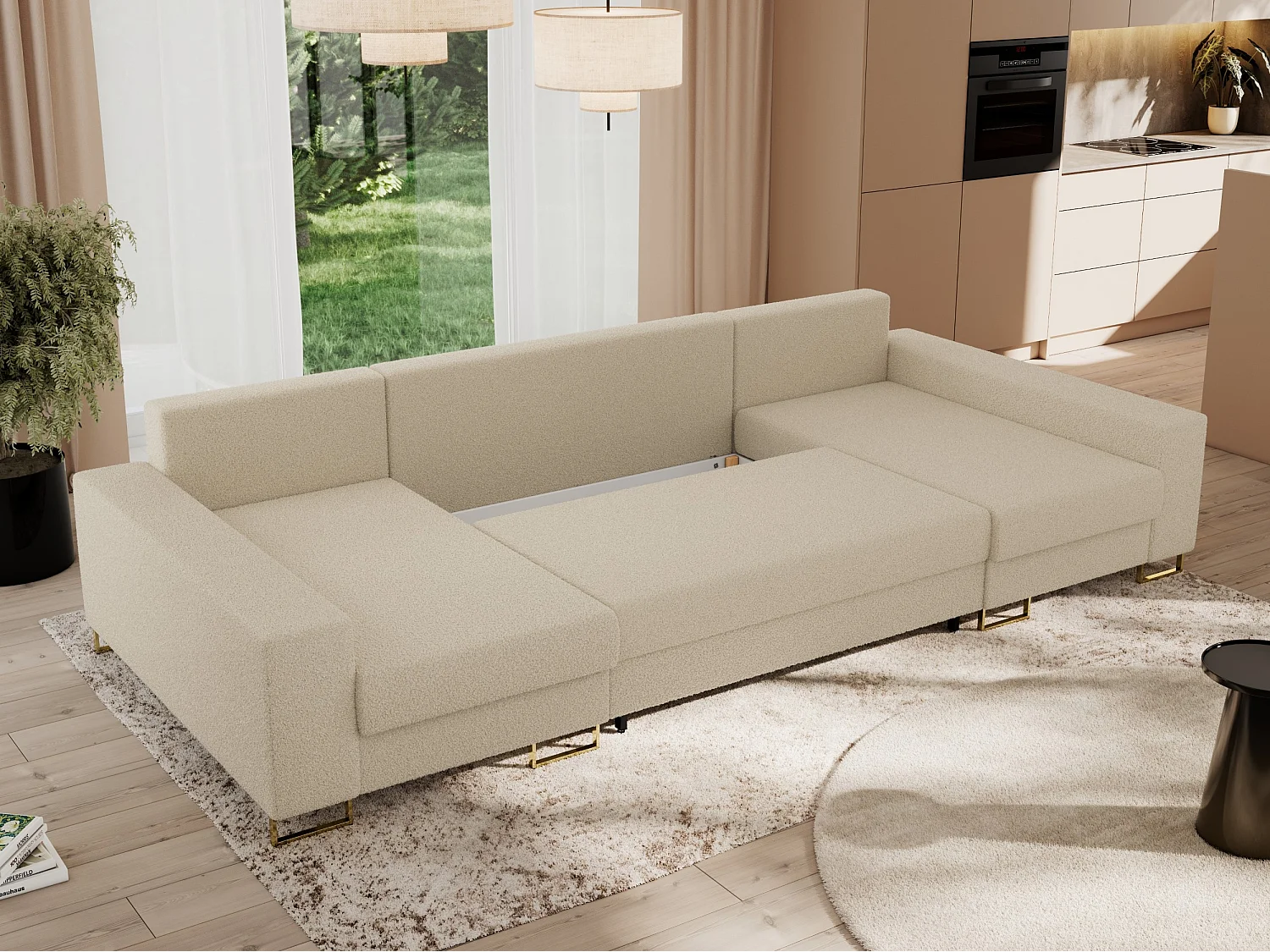Ecksofa DORIAN U, Wohnlandschaft, Ecksofa mit Armlehnen, schlaffunktion und Bettkästen - Beige Boucle