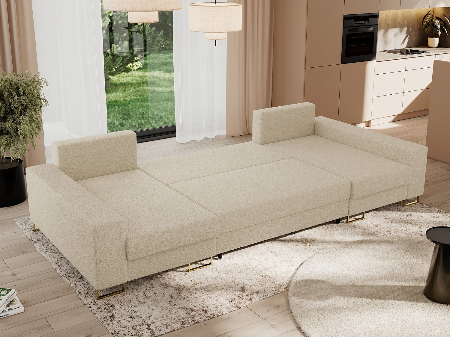 Ecksofa DORIAN U, Wohnlandschaft, Ecksofa mit Armlehnen, schlaffunktion und Bettkästen - Beige Boucle