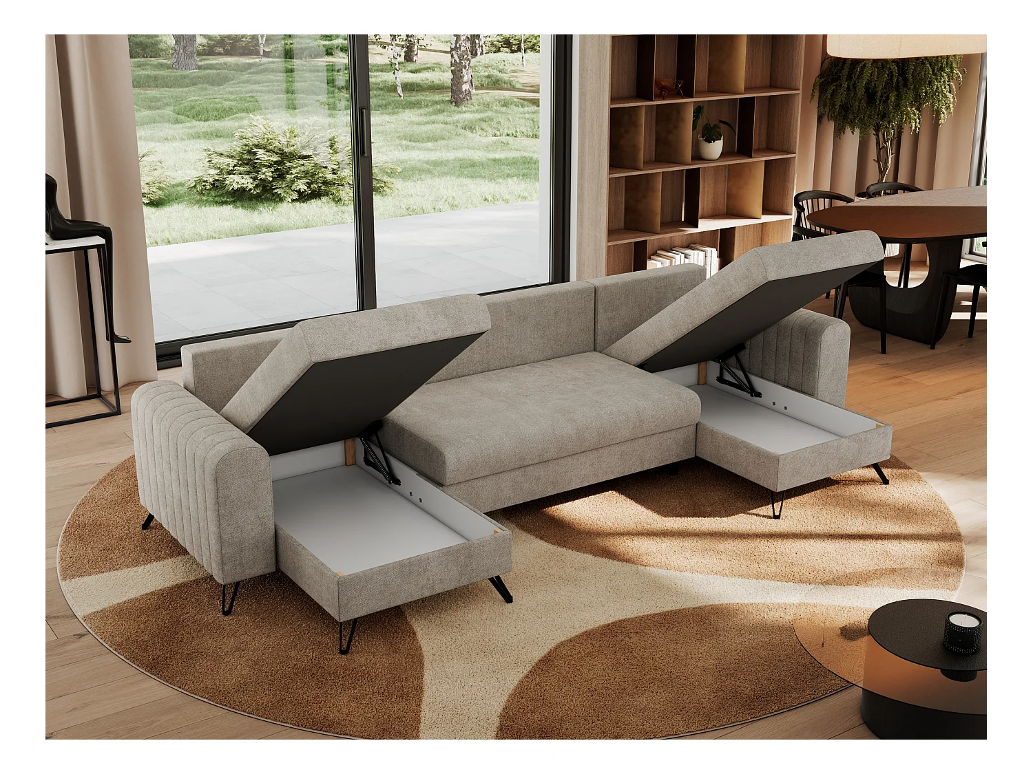 Ecksofa AXEL U, lose kissen, Ecksofa l-förmig, schlaffunktion und Bettkästen - Beige Struktur