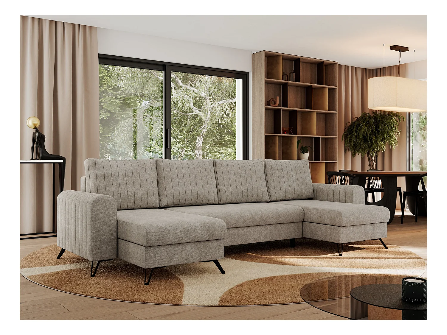 Ecksofa AXEL U, lose kissen, Ecksofa l-förmig, schlaffunktion und Bettkästen - Beige Struktur