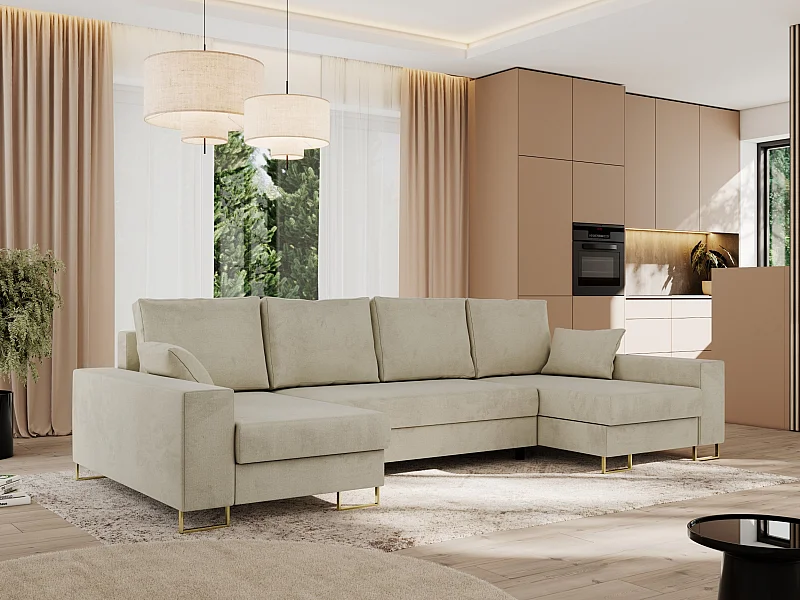 Ecksofa DORIAN U, Wohnlandschaft, Ecksofa mit Armlehnen, schlaffunktion und Bettkästen - Beige Velvet