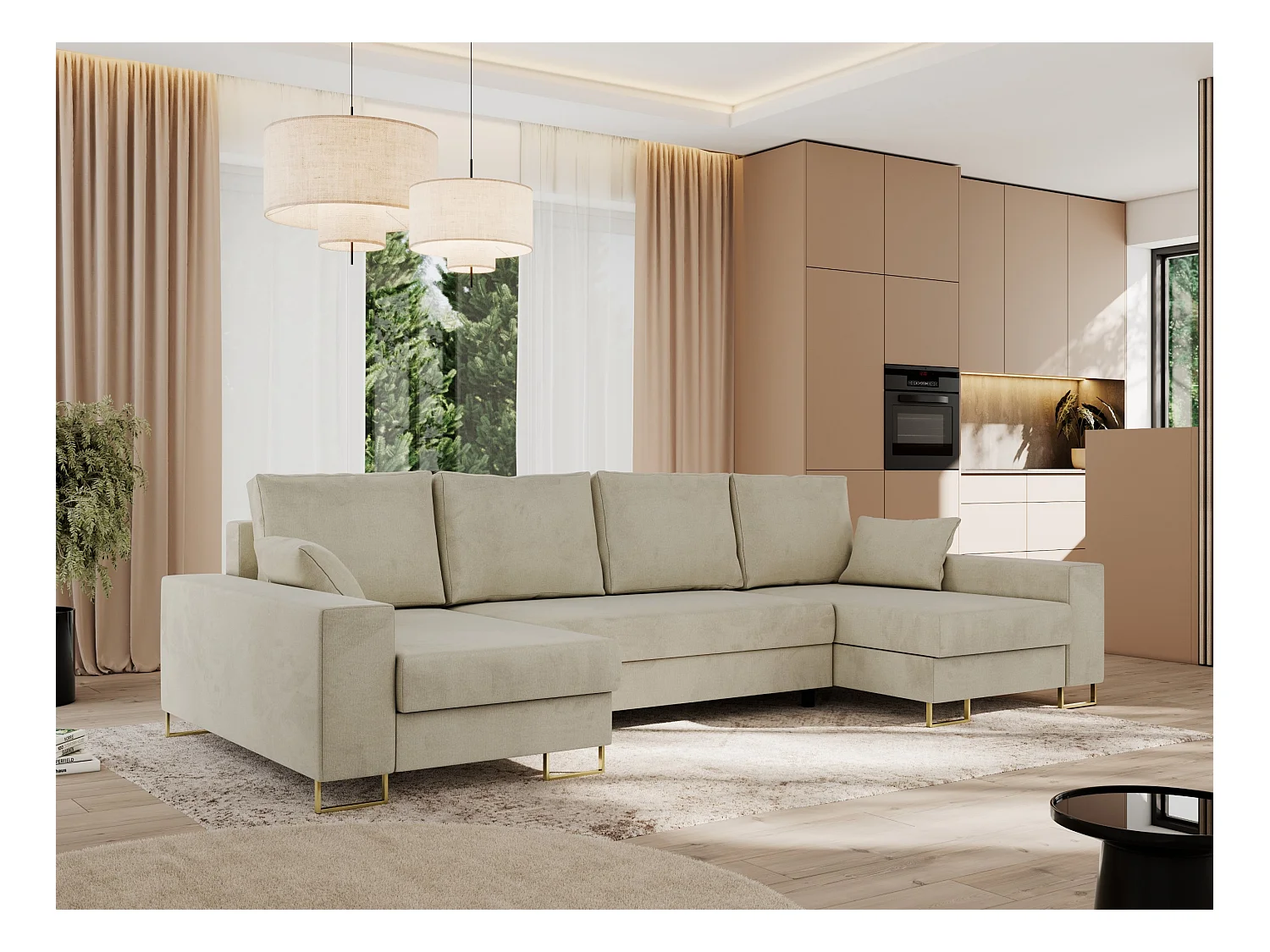 Ecksofa DORIAN U, Wohnlandschaft, Ecksofa mit Armlehnen, schlaffunktion und Bettkästen - Beige Velvet