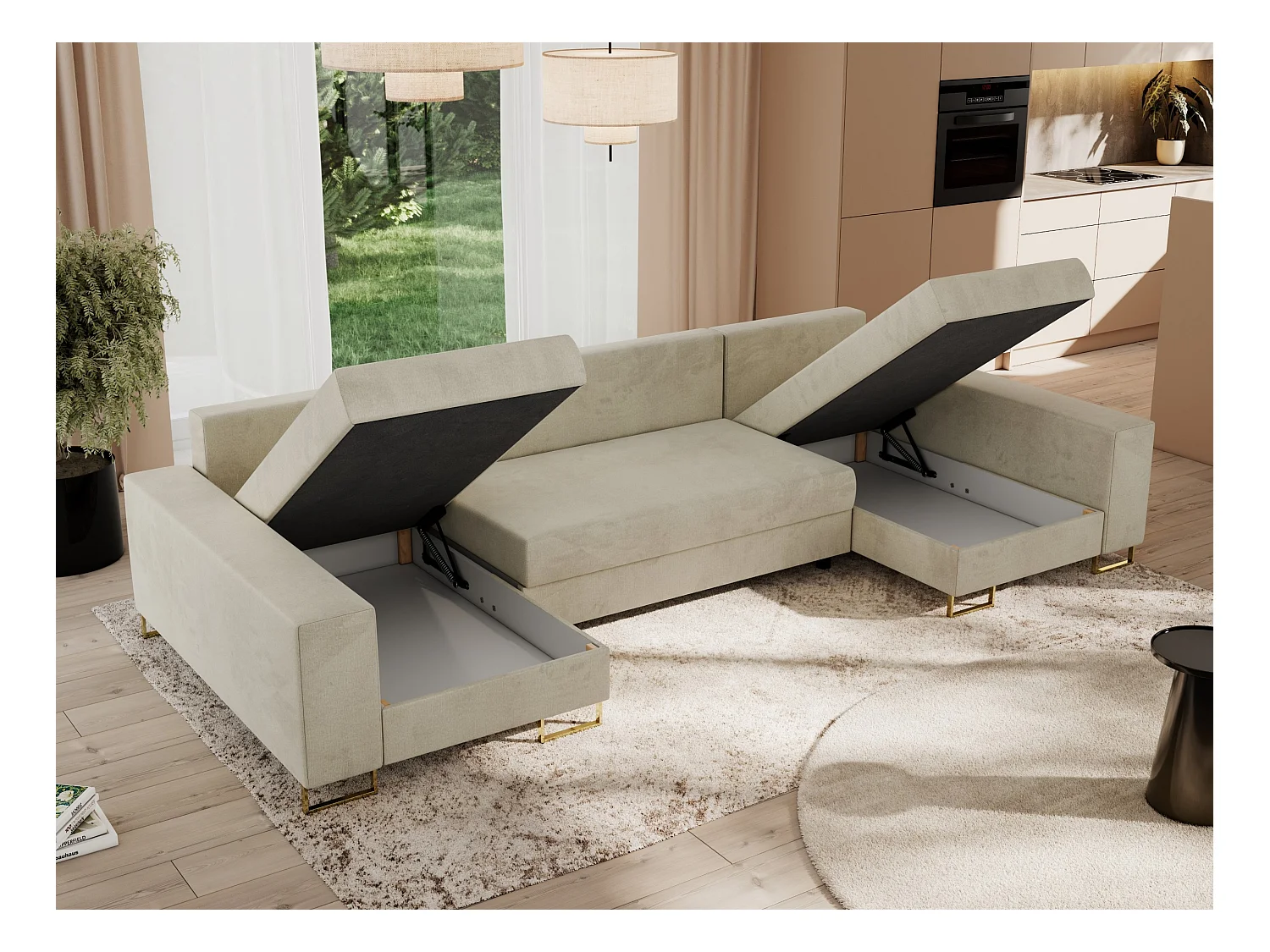 Ecksofa DORIAN U, Wohnlandschaft, Ecksofa mit Armlehnen, schlaffunktion und Bettkästen - Beige Velvet