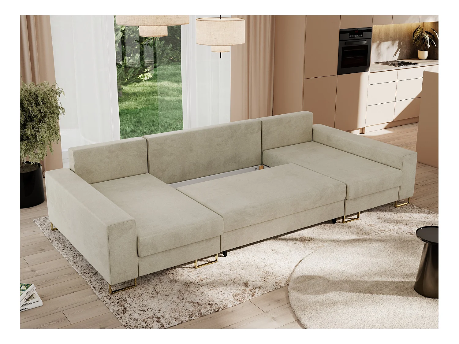 Ecksofa DORIAN U, Wohnlandschaft, Ecksofa mit Armlehnen, schlaffunktion und Bettkästen - Beige Velvet