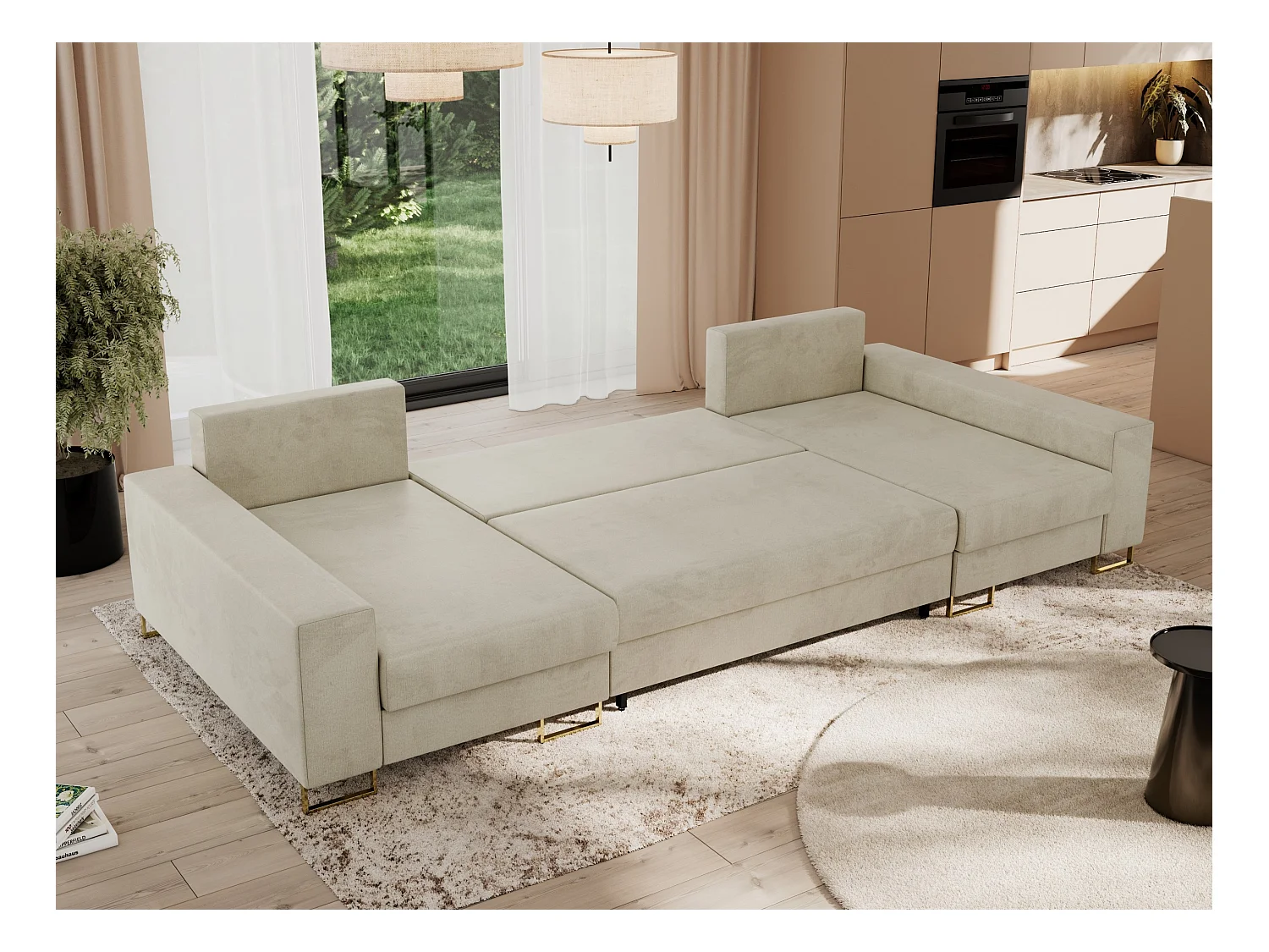 Ecksofa DORIAN U, Wohnlandschaft, Ecksofa mit Armlehnen, schlaffunktion und Bettkästen - Beige Velvet