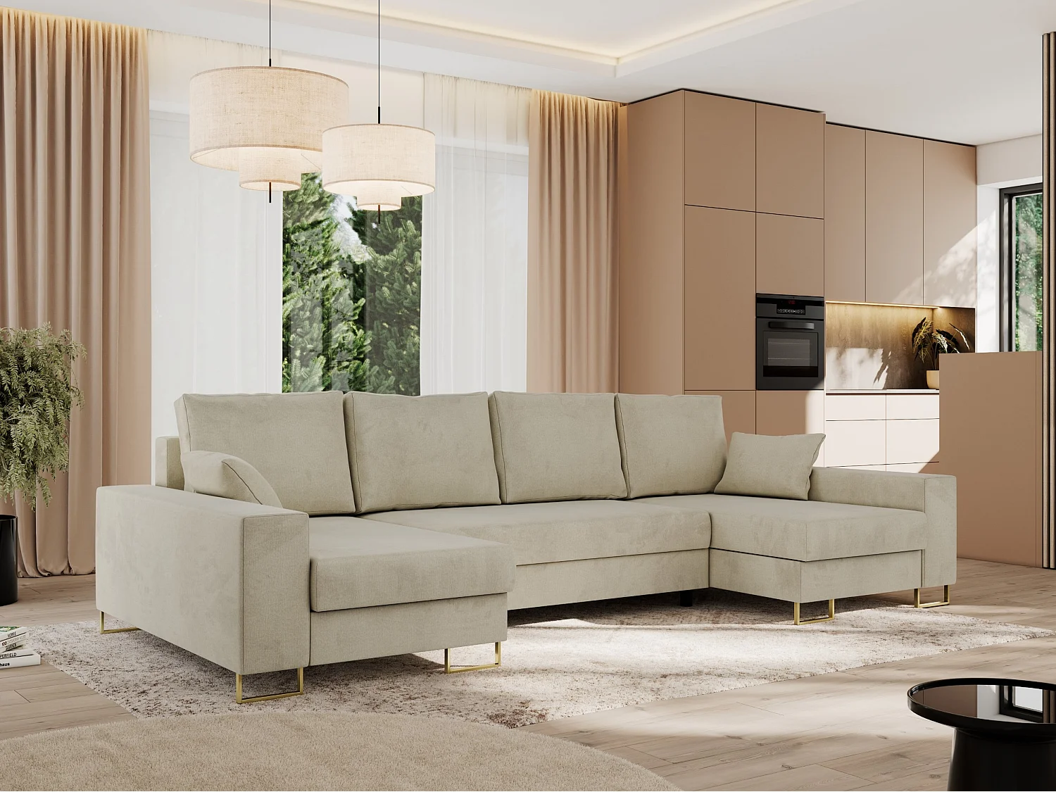 Ecksofa DORIAN U, Wohnlandschaft, Ecksofa mit Armlehnen, schlaffunktion und Bettkästen - Beige Velvet