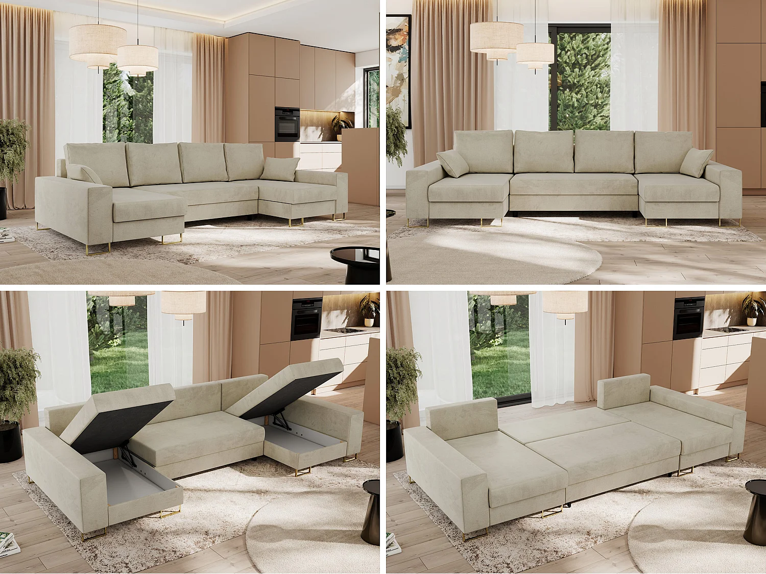 Ecksofa DORIAN U, Wohnlandschaft, Ecksofa mit Armlehnen, schlaffunktion und Bettkästen - Beige Velvet