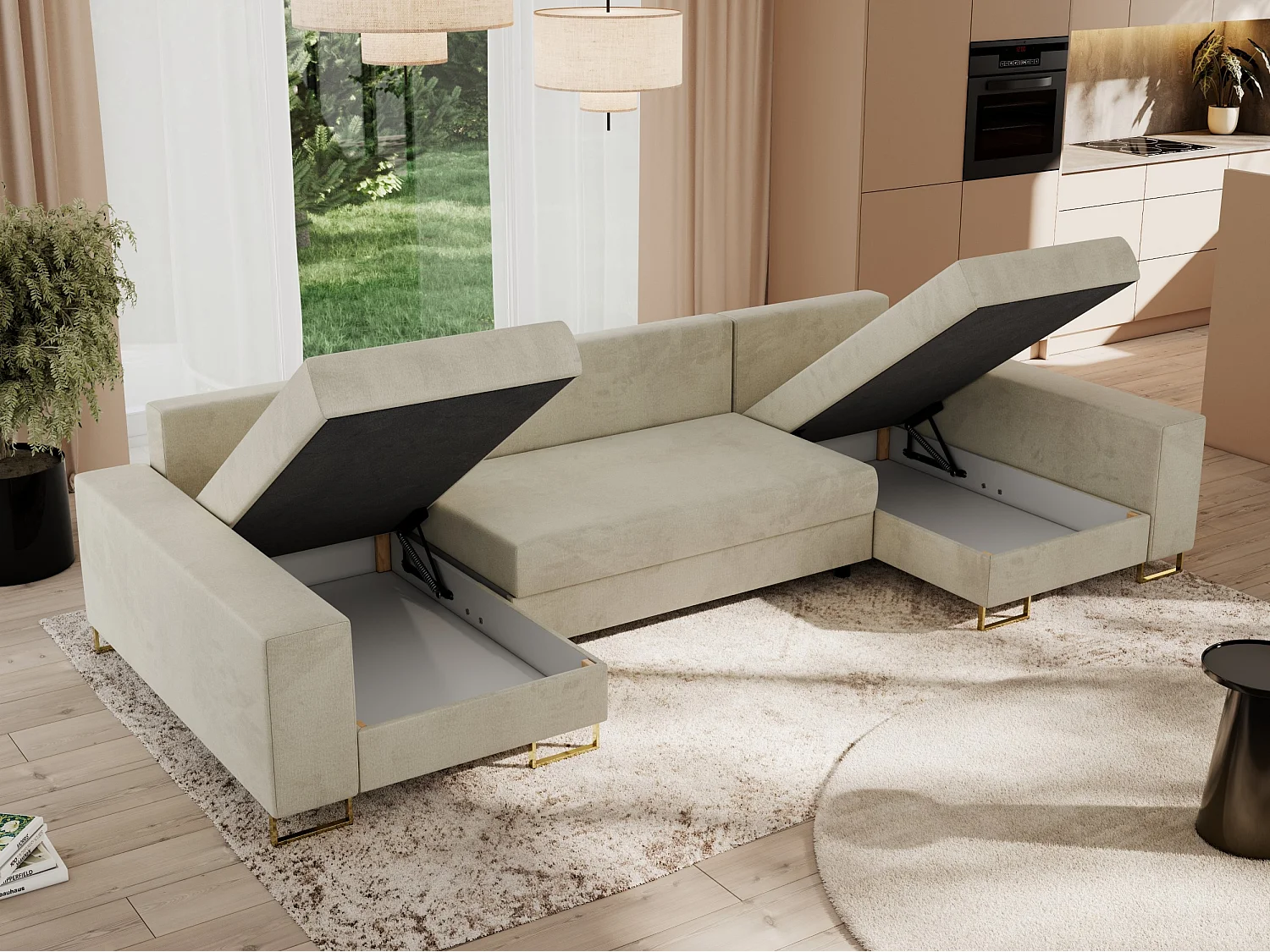 Ecksofa DORIAN U, Wohnlandschaft, Ecksofa mit Armlehnen, schlaffunktion und Bettkästen - Beige Velvet
