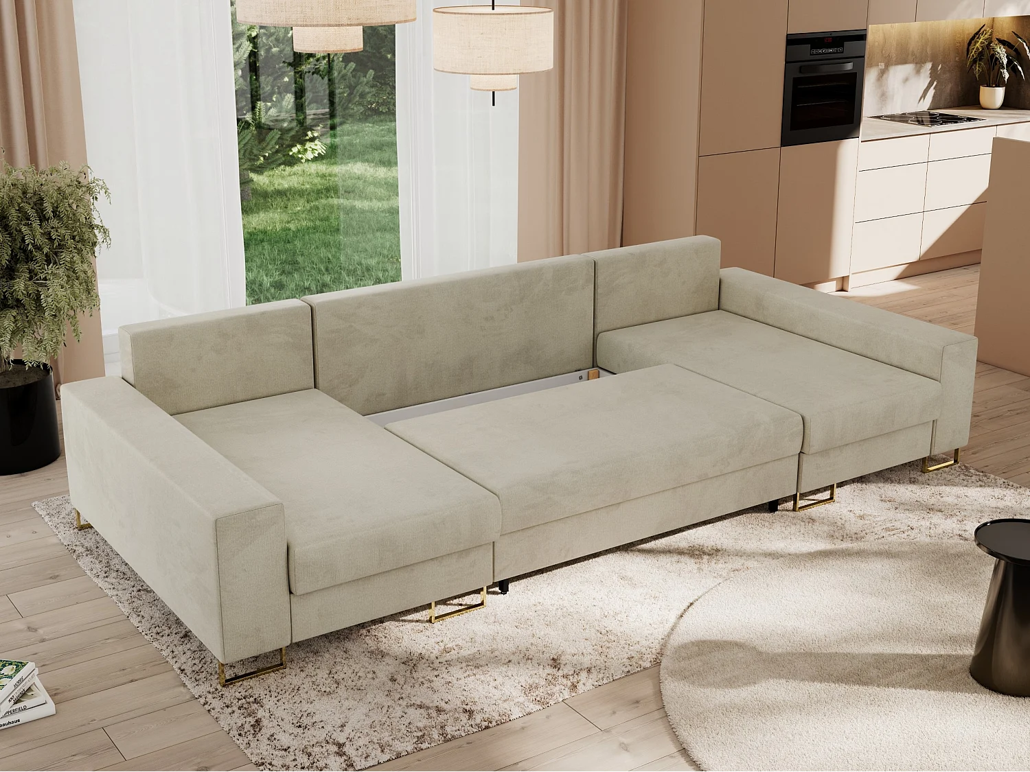 Ecksofa DORIAN U, Wohnlandschaft, Ecksofa mit Armlehnen, schlaffunktion und Bettkästen - Beige Velvet
