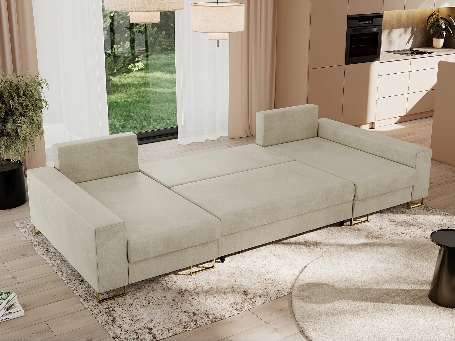 Ecksofa DORIAN U, Wohnlandschaft, Ecksofa mit Armlehnen, schlaffunktion und Bettkästen - Beige Velvet