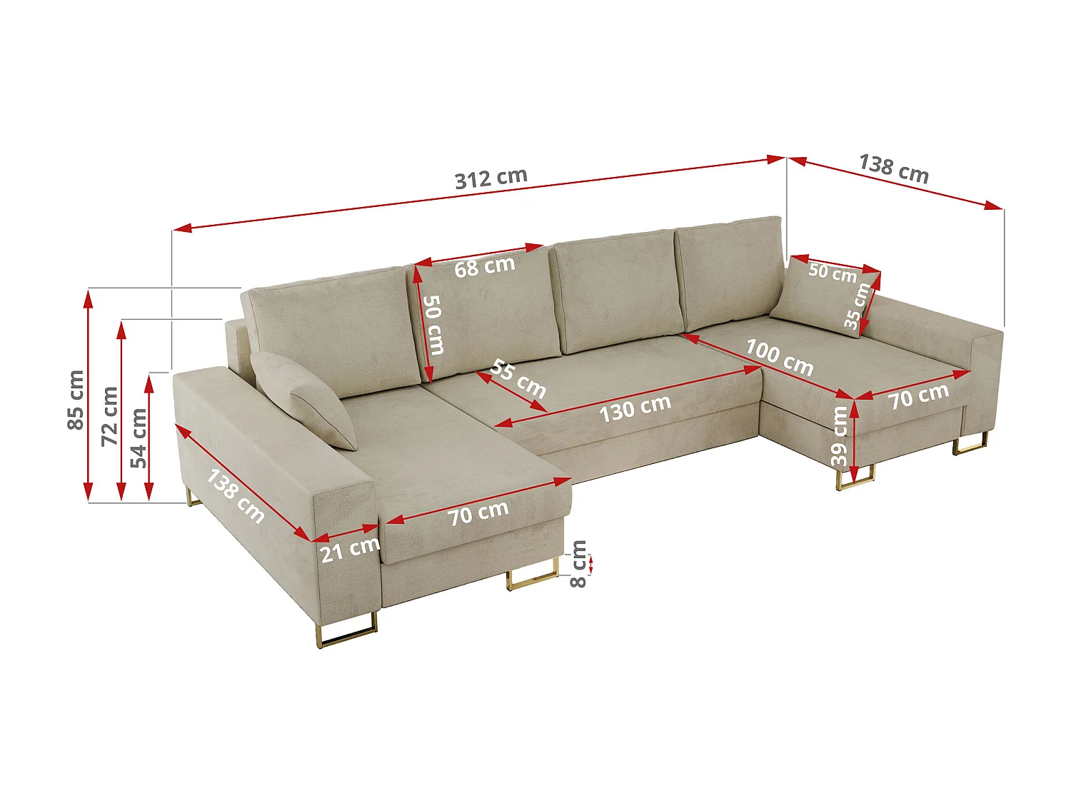 Ecksofa DORIAN U, Wohnlandschaft, Ecksofa mit Armlehnen, schlaffunktion und Bettkästen - Beige Velvet