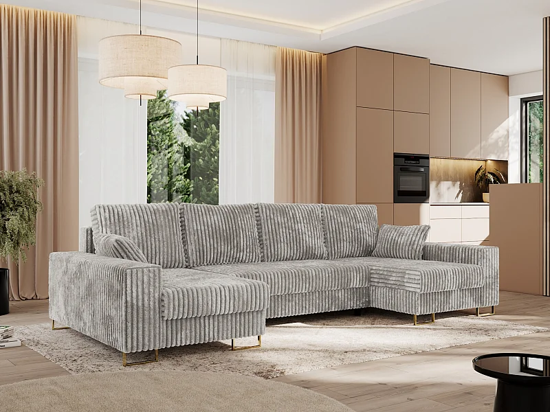 Ecksofa DORIAN U, Wohnlandschaft, Ecksofa mit Armlehnen, schlaffunktion und Bettkästen - Hellgrau Cord