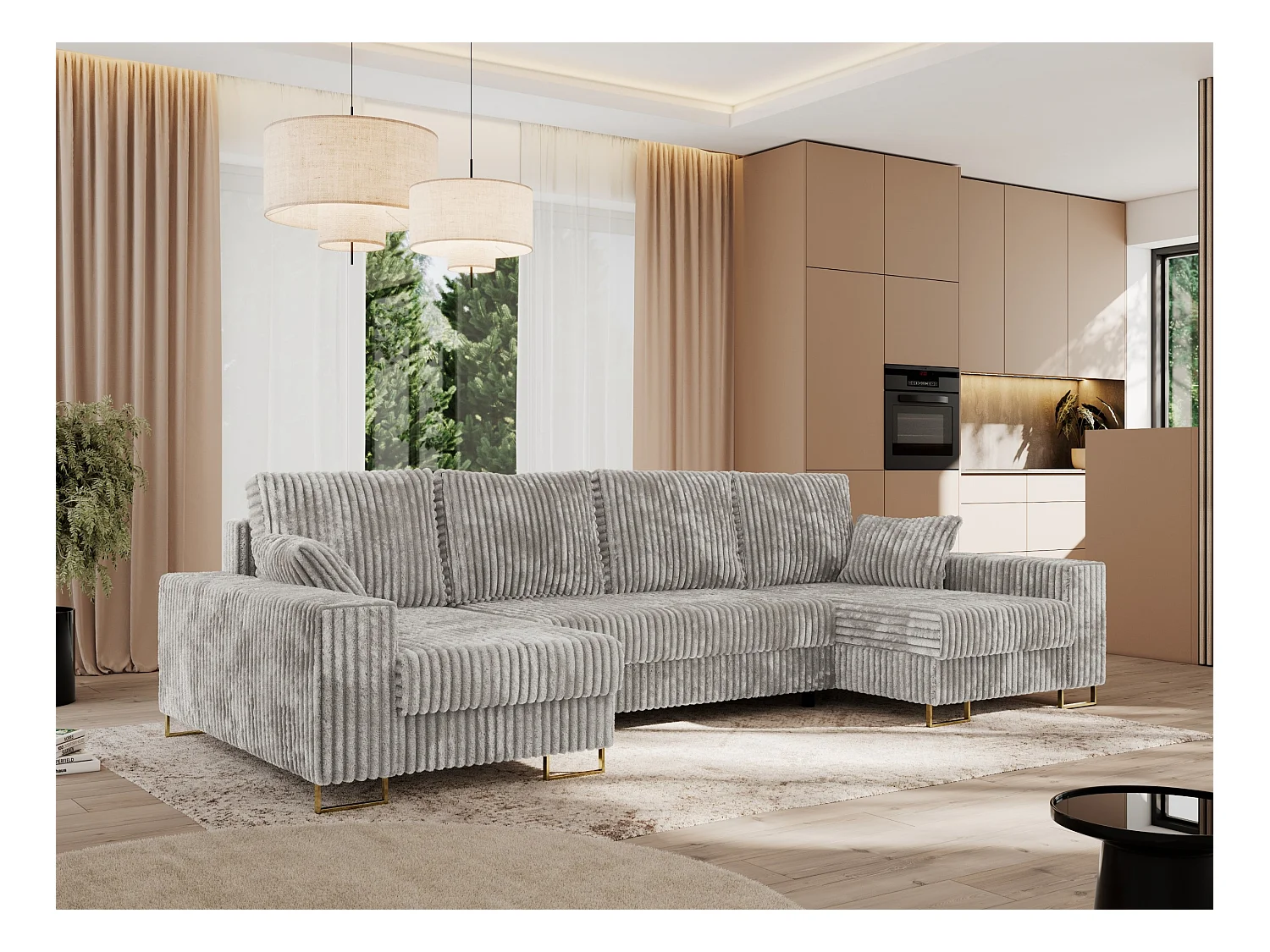 Ecksofa DORIAN U, Wohnlandschaft, Ecksofa mit Armlehnen, schlaffunktion und Bettkästen - Hellgrau Cord