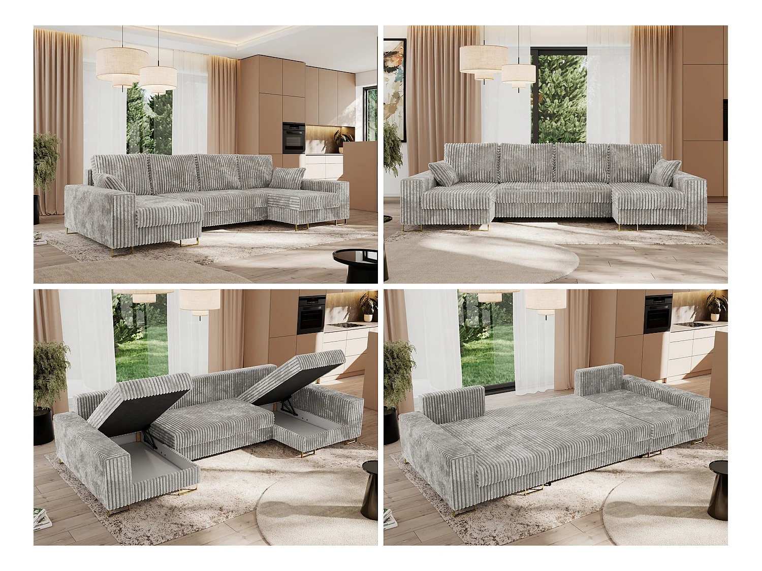 Ecksofa DORIAN U, Wohnlandschaft, Ecksofa mit Armlehnen, schlaffunktion und Bettkästen - Hellgrau Cord