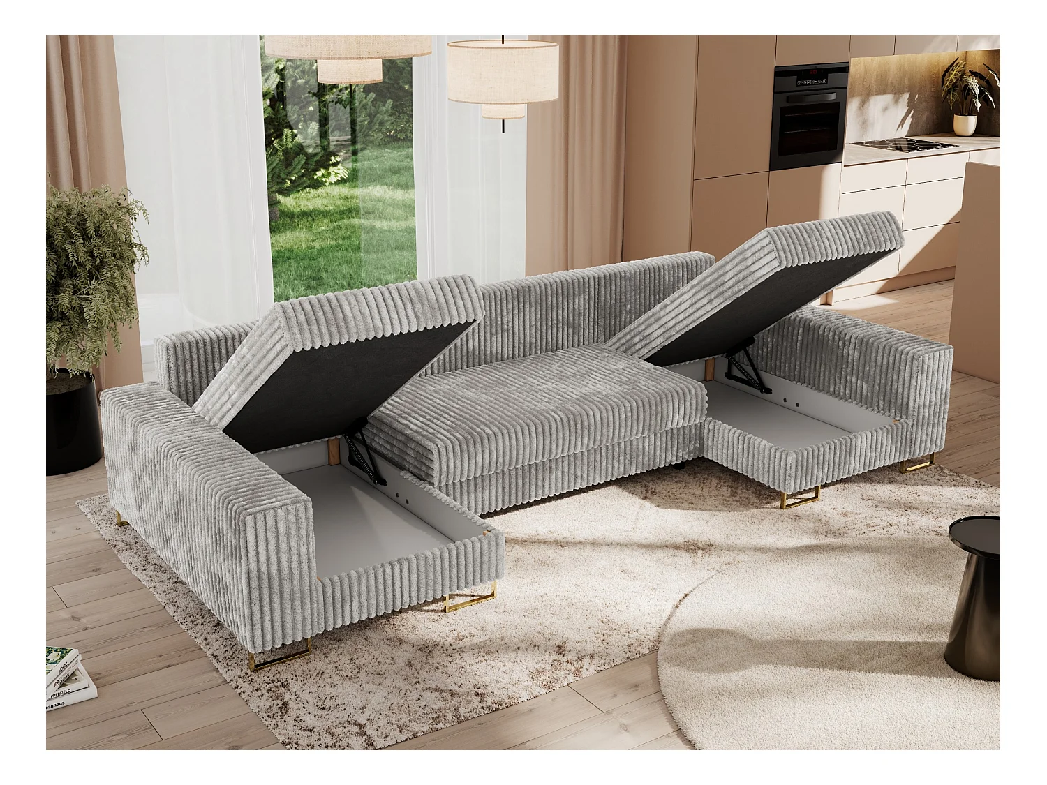 Ecksofa DORIAN U, Wohnlandschaft, Ecksofa mit Armlehnen, schlaffunktion und Bettkästen - Hellgrau Cord