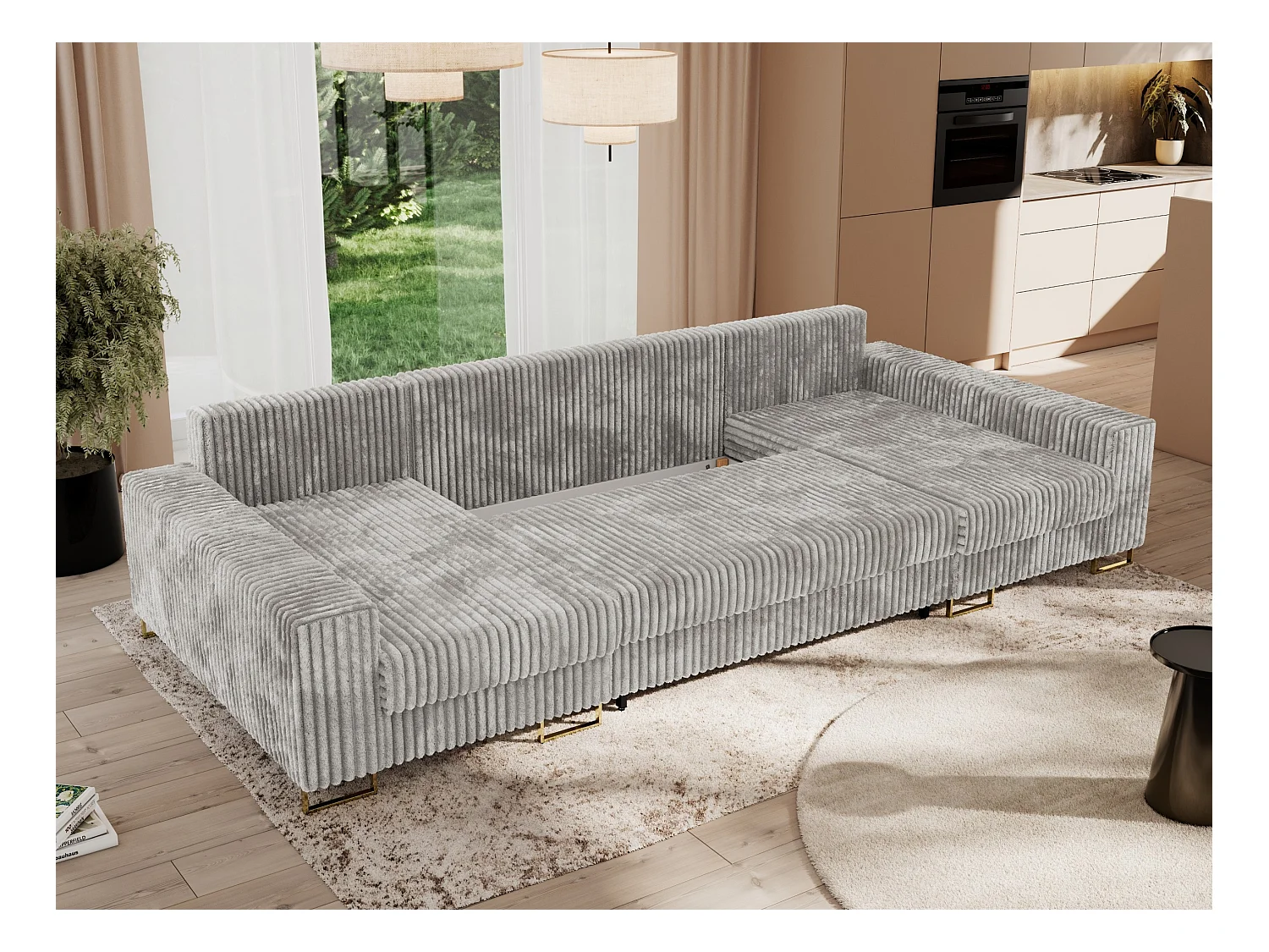 Ecksofa DORIAN U, Wohnlandschaft, Ecksofa mit Armlehnen, schlaffunktion und Bettkästen - Hellgrau Cord