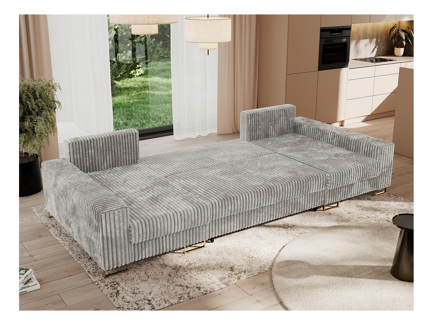 Ecksofa DORIAN U, Wohnlandschaft, Ecksofa mit Armlehnen, schlaffunktion und Bettkästen - Hellgrau Cord