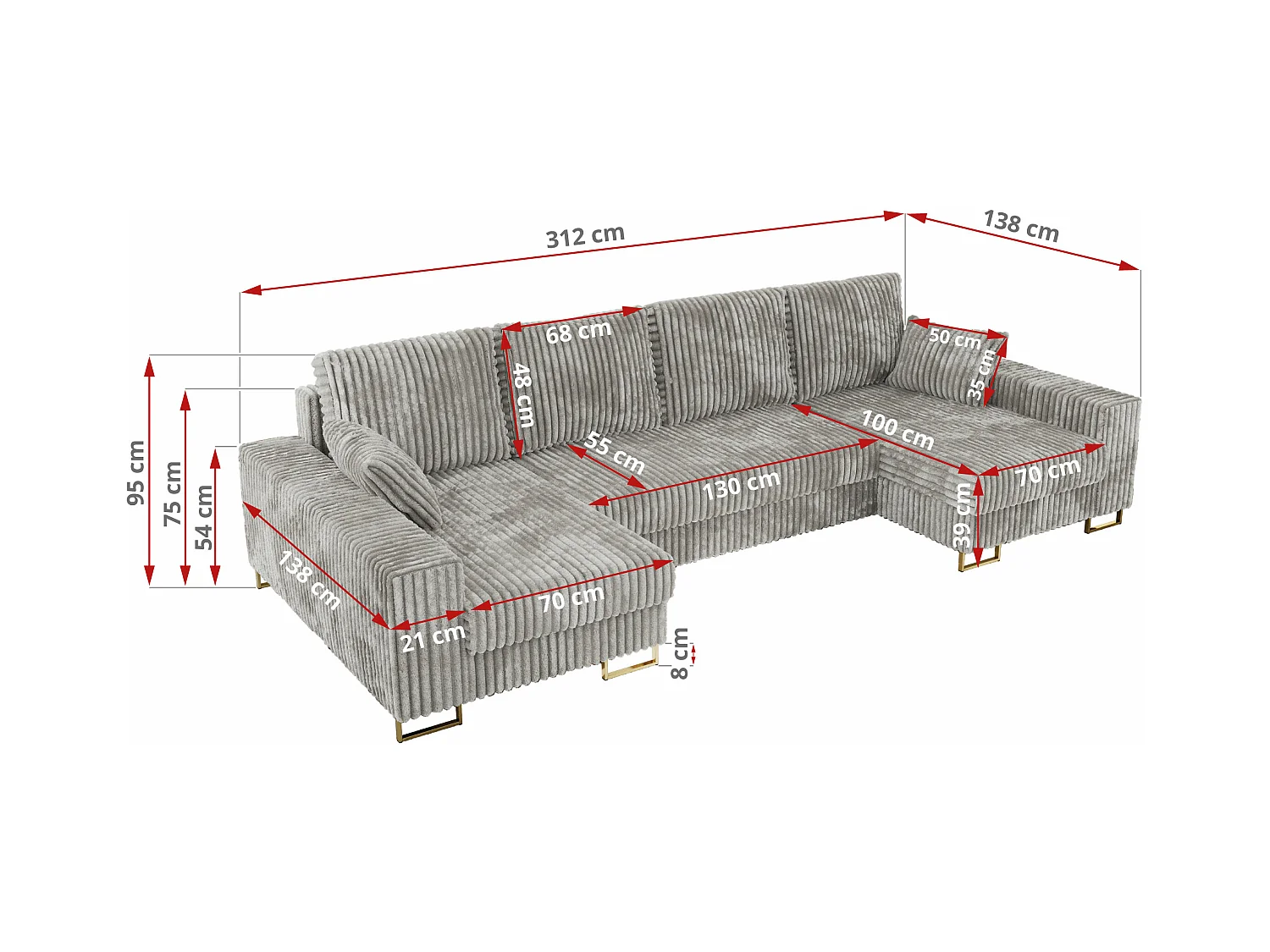 Ecksofa DORIAN U, Wohnlandschaft, Ecksofa mit Armlehnen, schlaffunktion und Bettkästen - Hellgrau Cord