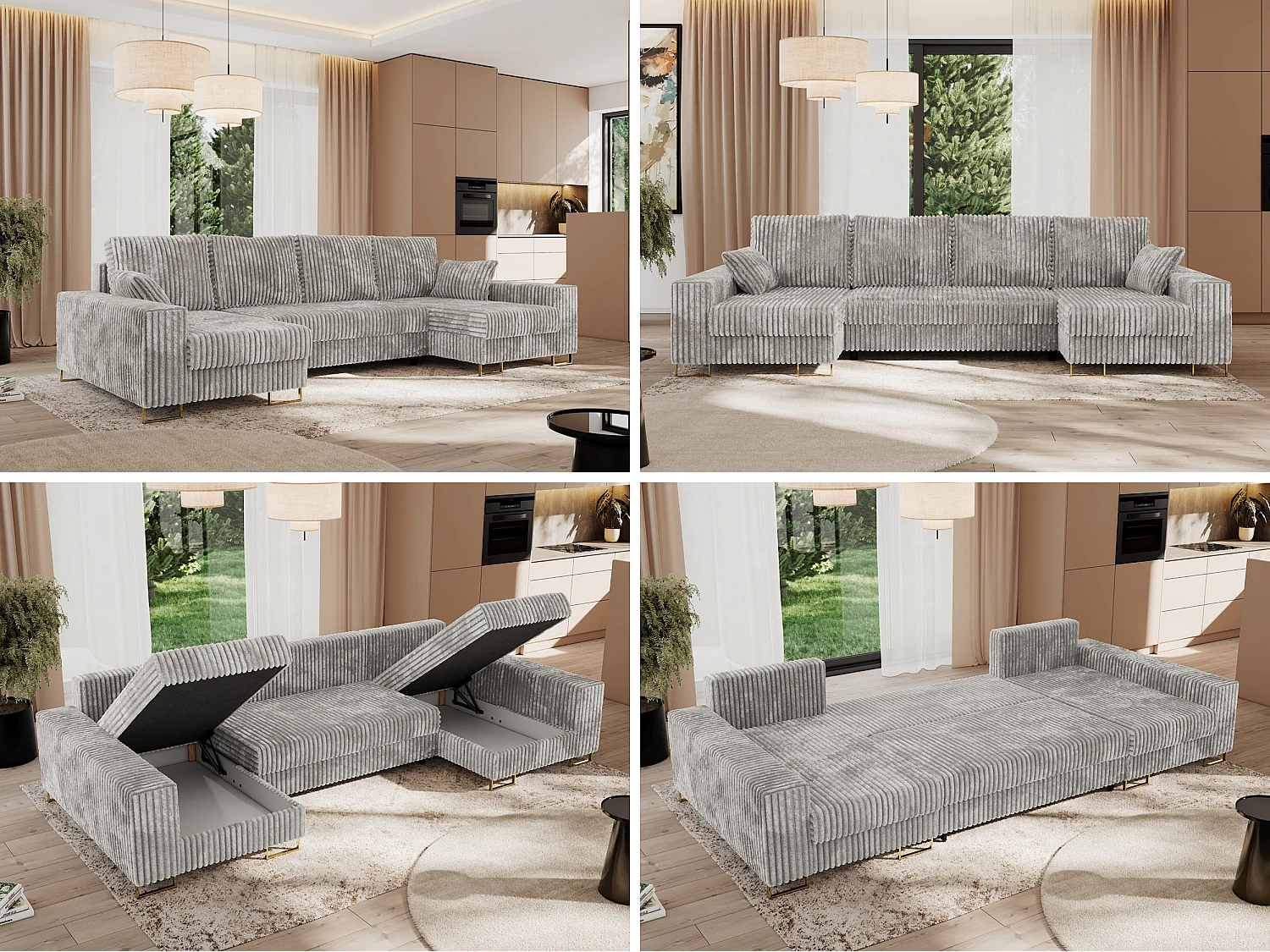 Ecksofa DORIAN U, Wohnlandschaft, Ecksofa mit Armlehnen, schlaffunktion und Bettkästen - Hellgrau Cord