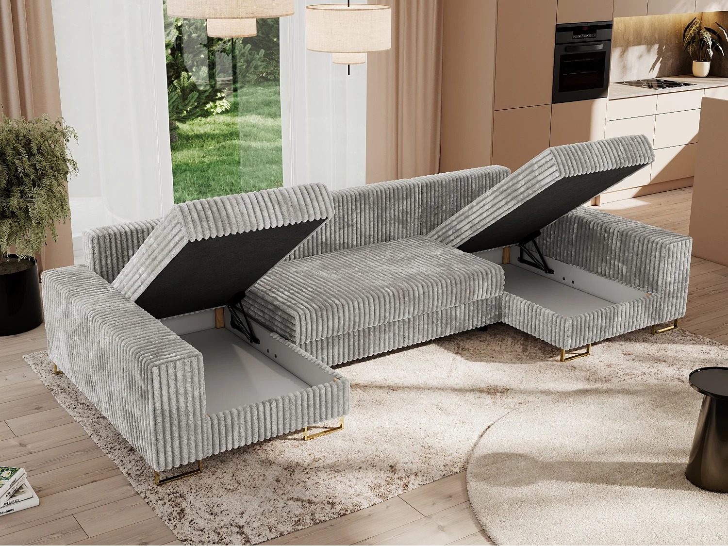 Ecksofa DORIAN U, Wohnlandschaft, Ecksofa mit Armlehnen, schlaffunktion und Bettkästen - Hellgrau Cord