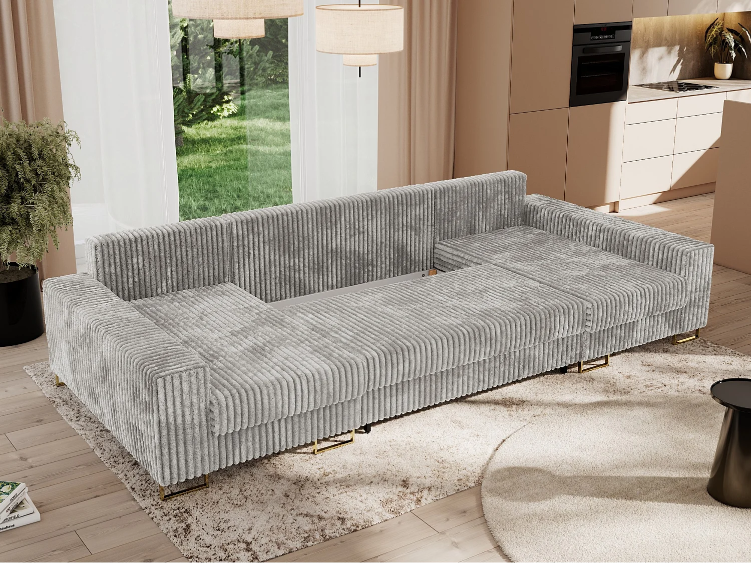 Ecksofa DORIAN U, Wohnlandschaft, Ecksofa mit Armlehnen, schlaffunktion und Bettkästen - Hellgrau Cord