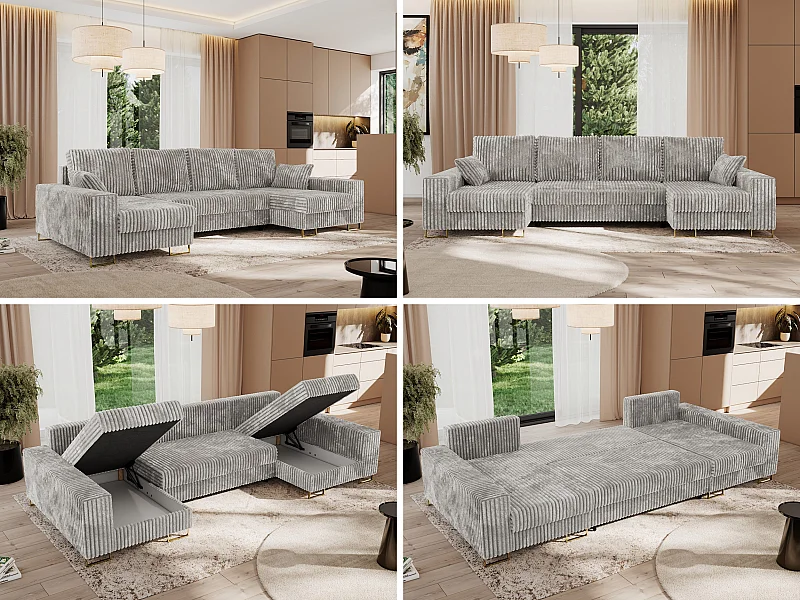 Ecksofa DORIAN U, Wohnlandschaft, Ecksofa mit Armlehnen, schlaffunktion und Bettkästen - Hellgrau Cord