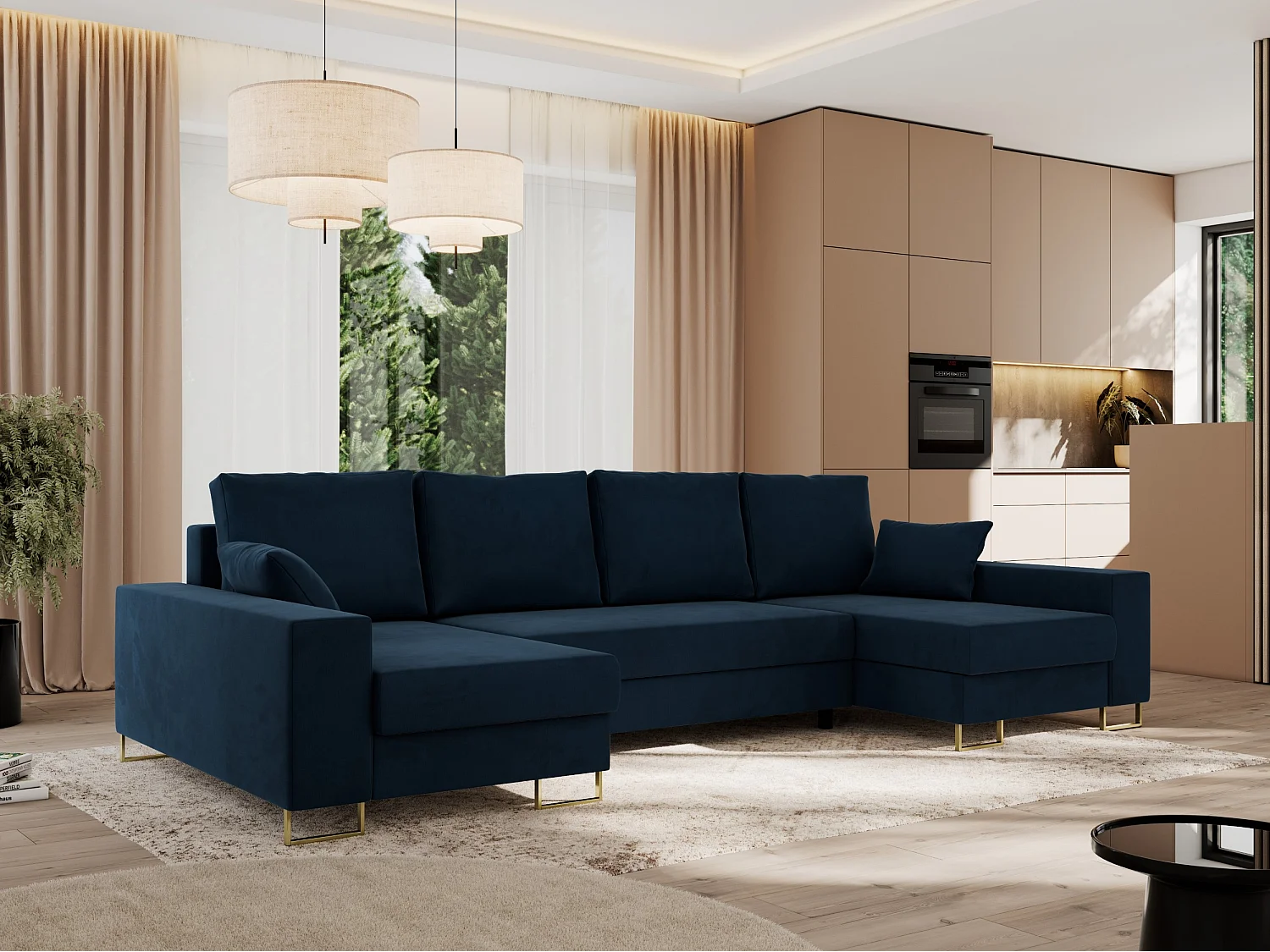 Ecksofa DORIAN U, Wohnlandschaft, Ecksofa mit Armlehnen, schlaffunktion und Bettkästen - Dunkelblau Velvet