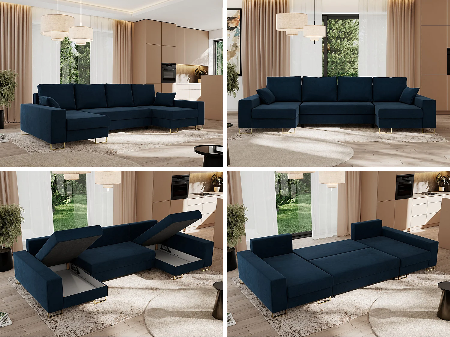 Ecksofa DORIAN U, Wohnlandschaft, Ecksofa mit Armlehnen, schlaffunktion und Bettkästen - Dunkelblau Velvet