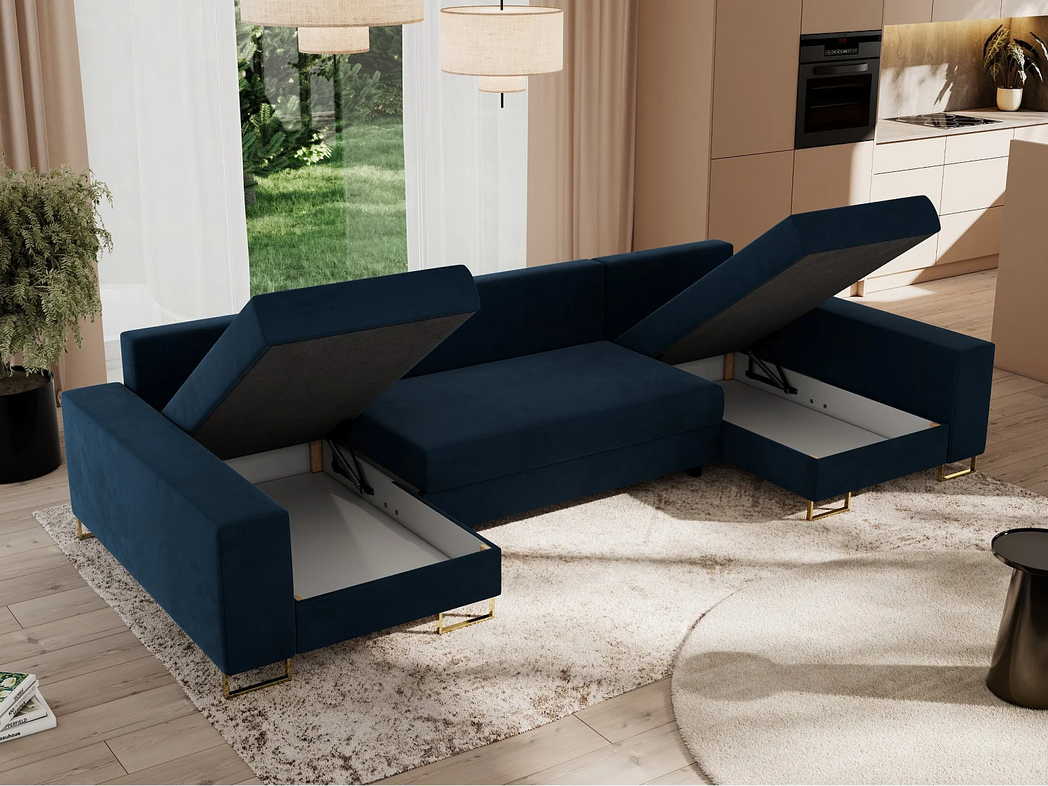 Ecksofa DORIAN U, Wohnlandschaft, Ecksofa mit Armlehnen, schlaffunktion und Bettkästen - Dunkelblau Velvet