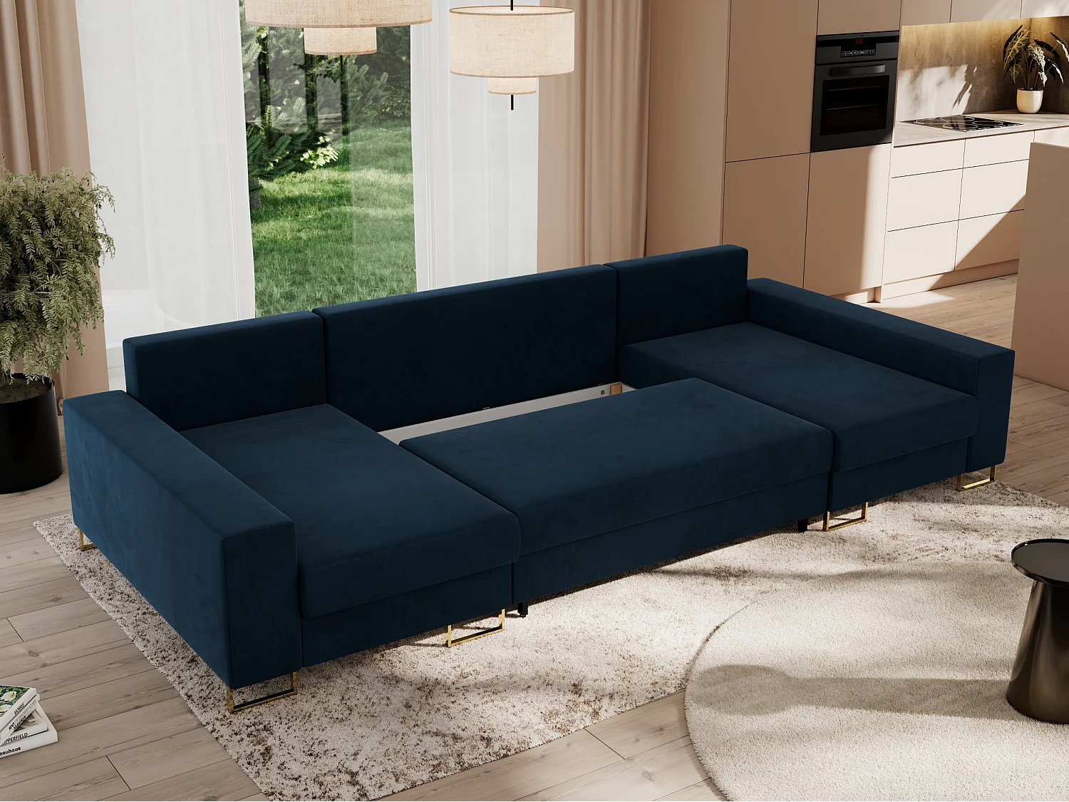 Ecksofa DORIAN U, Wohnlandschaft, Ecksofa mit Armlehnen, schlaffunktion und Bettkästen - Dunkelblau Velvet
