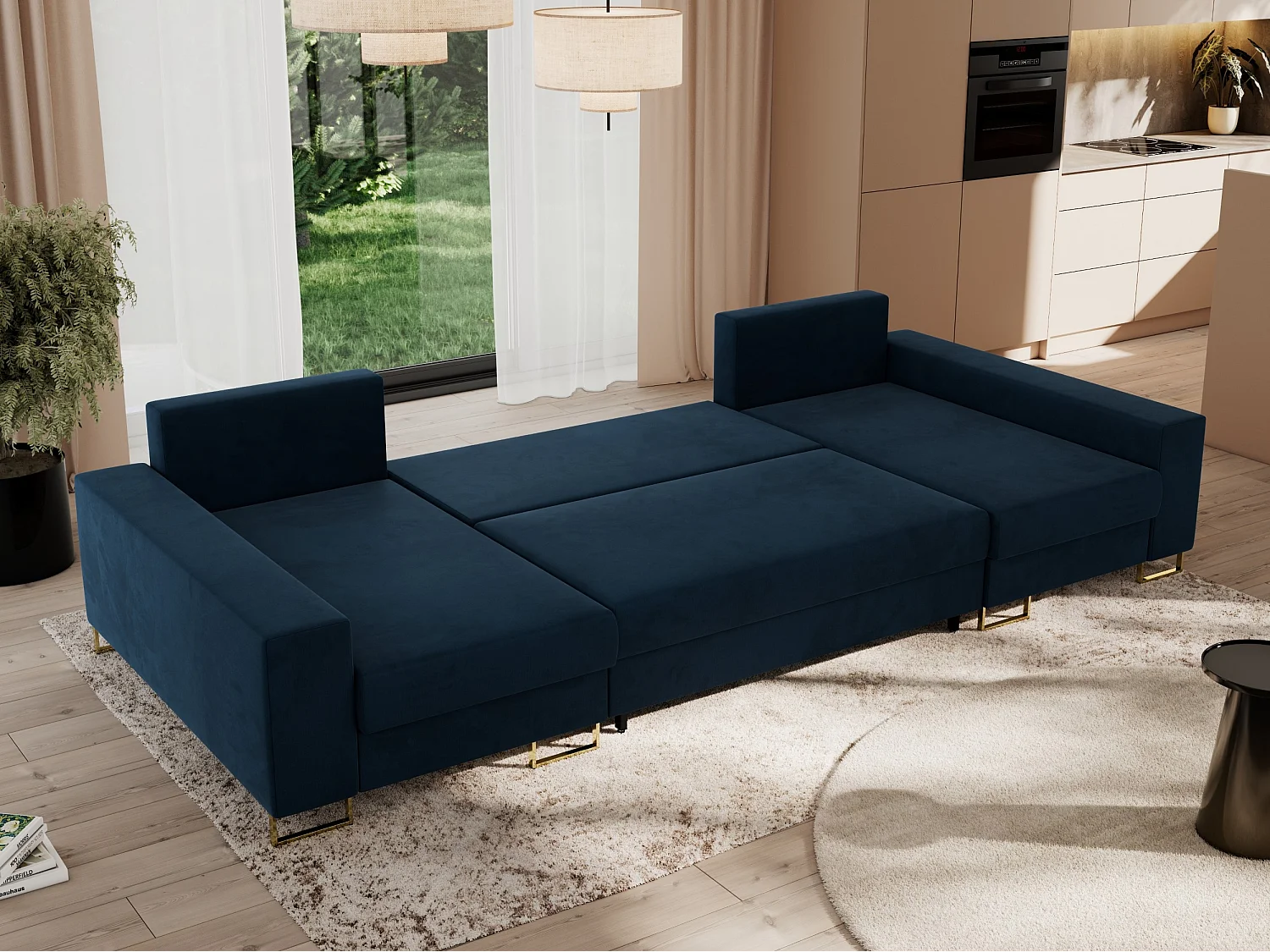 Ecksofa DORIAN U, Wohnlandschaft, Ecksofa mit Armlehnen, schlaffunktion und Bettkästen - Dunkelblau Velvet