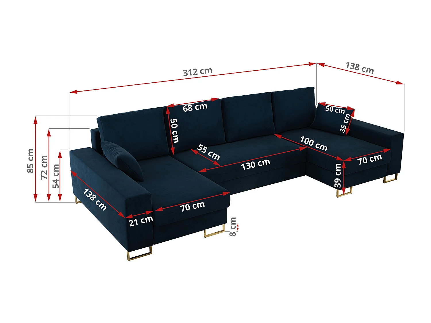 Ecksofa DORIAN U, Wohnlandschaft, Ecksofa mit Armlehnen, schlaffunktion und Bettkästen - Dunkelblau Velvet