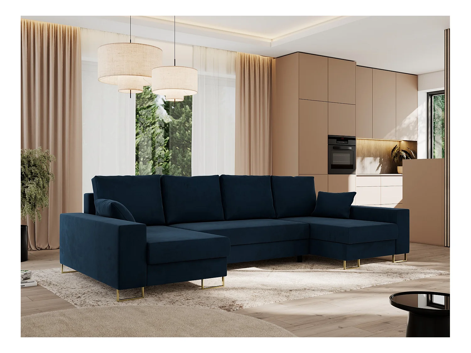Ecksofa DORIAN U, Wohnlandschaft, Ecksofa mit Armlehnen, schlaffunktion und Bettkästen - Dunkelblau Velvet