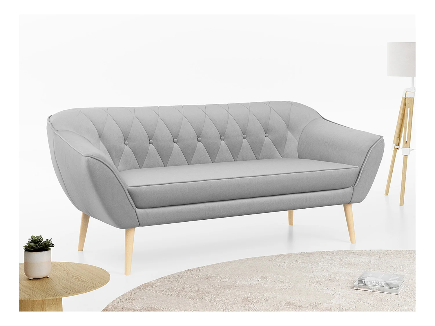 Sofa PIRS - 3-Sitzer Skandinavischer Sofa, mit Armlehnen, Holzbeine - Hellgrau Velvet