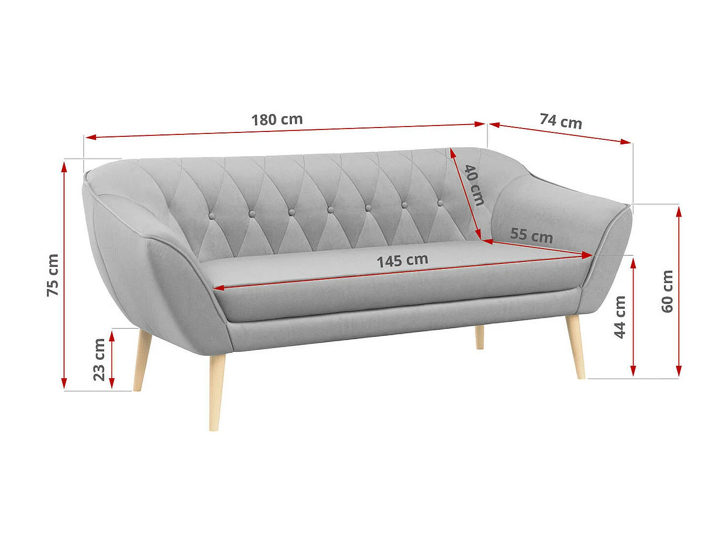 Sofa PIRS - 3-Sitzer Skandinavischer Sofa, mit Armlehnen, Holzbeine - Hellgrau Velvet
