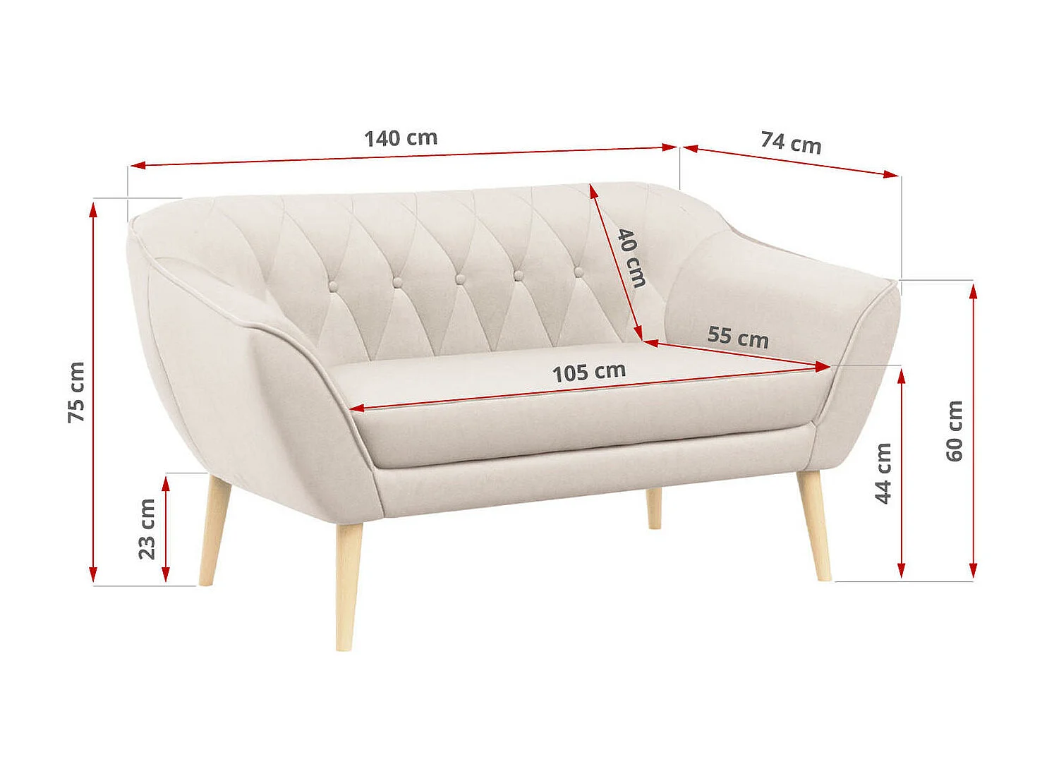 Sofa PIRS - 2-Sitzer, mit Armlehnen, Skandinavisches Design - Creme Velvet