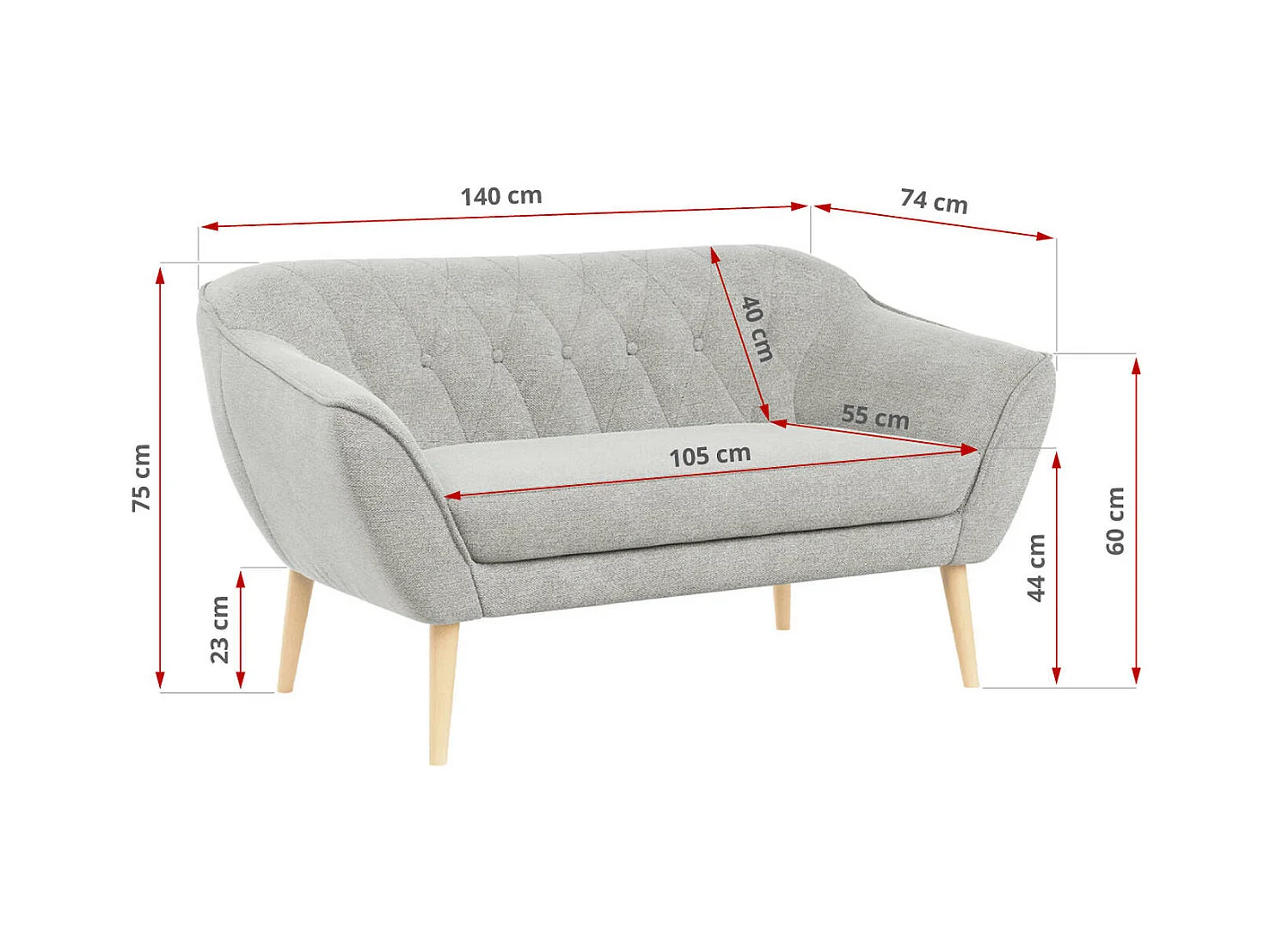 Sofa PIRS - 2-Sitzer, mit Armlehnen, Skandinavisches Design - Hellgrau Stukture