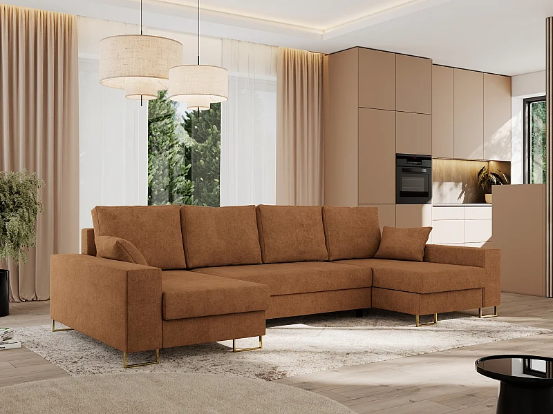 Ecksofa DORIAN U, Wohnlandschaft, Ecksofa mit Armlehnen, schlaffunktion und Bettkästen - Orange Struktur