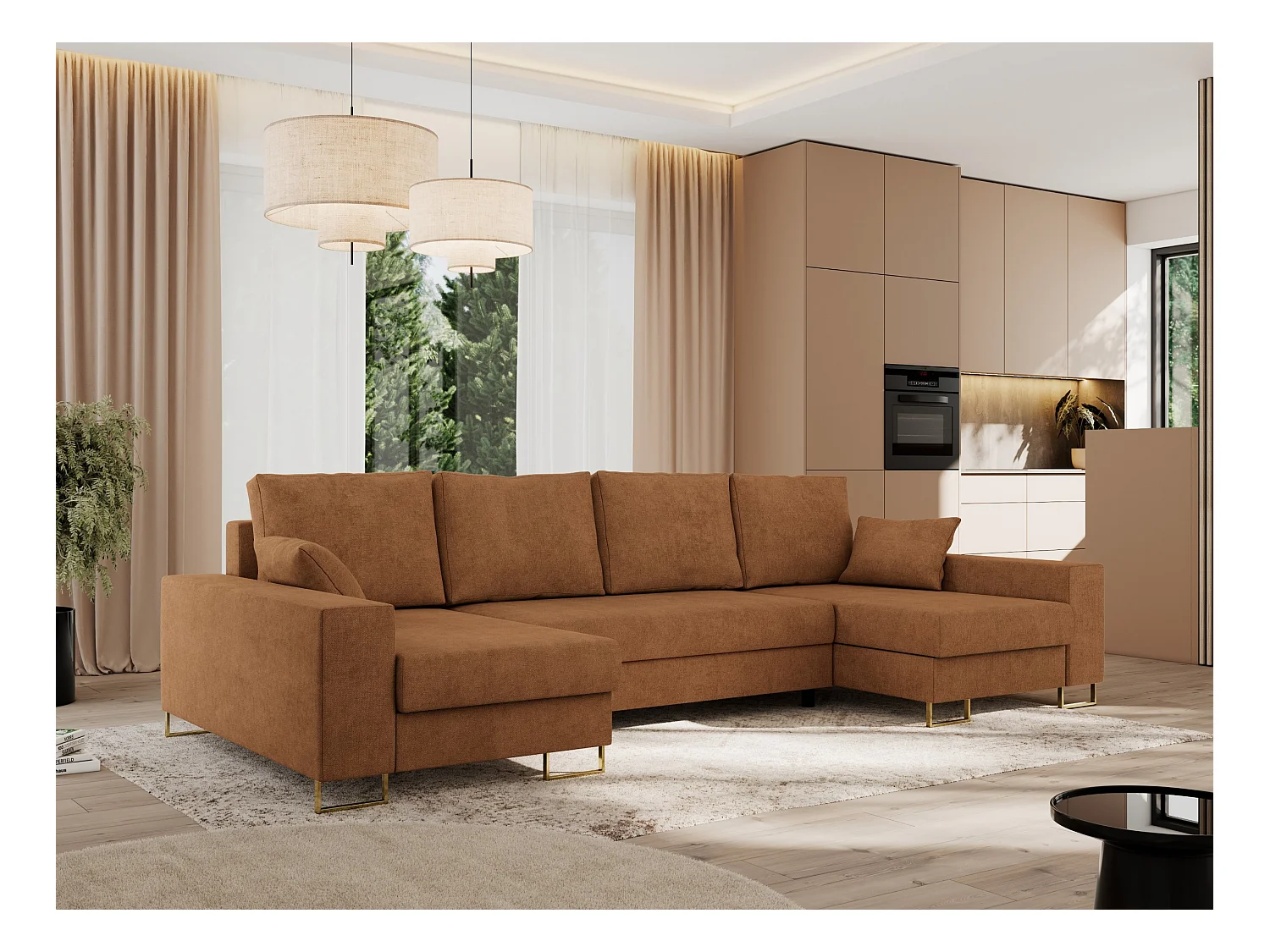 Ecksofa DORIAN U, Wohnlandschaft, Ecksofa mit Armlehnen, schlaffunktion und Bettkästen - Orange Struktur
