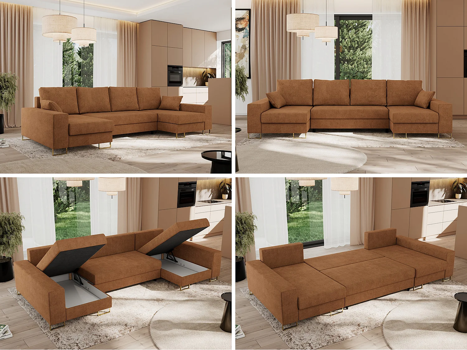 Ecksofa DORIAN U, Wohnlandschaft, Ecksofa mit Armlehnen, schlaffunktion und Bettkästen - Orange Struktur