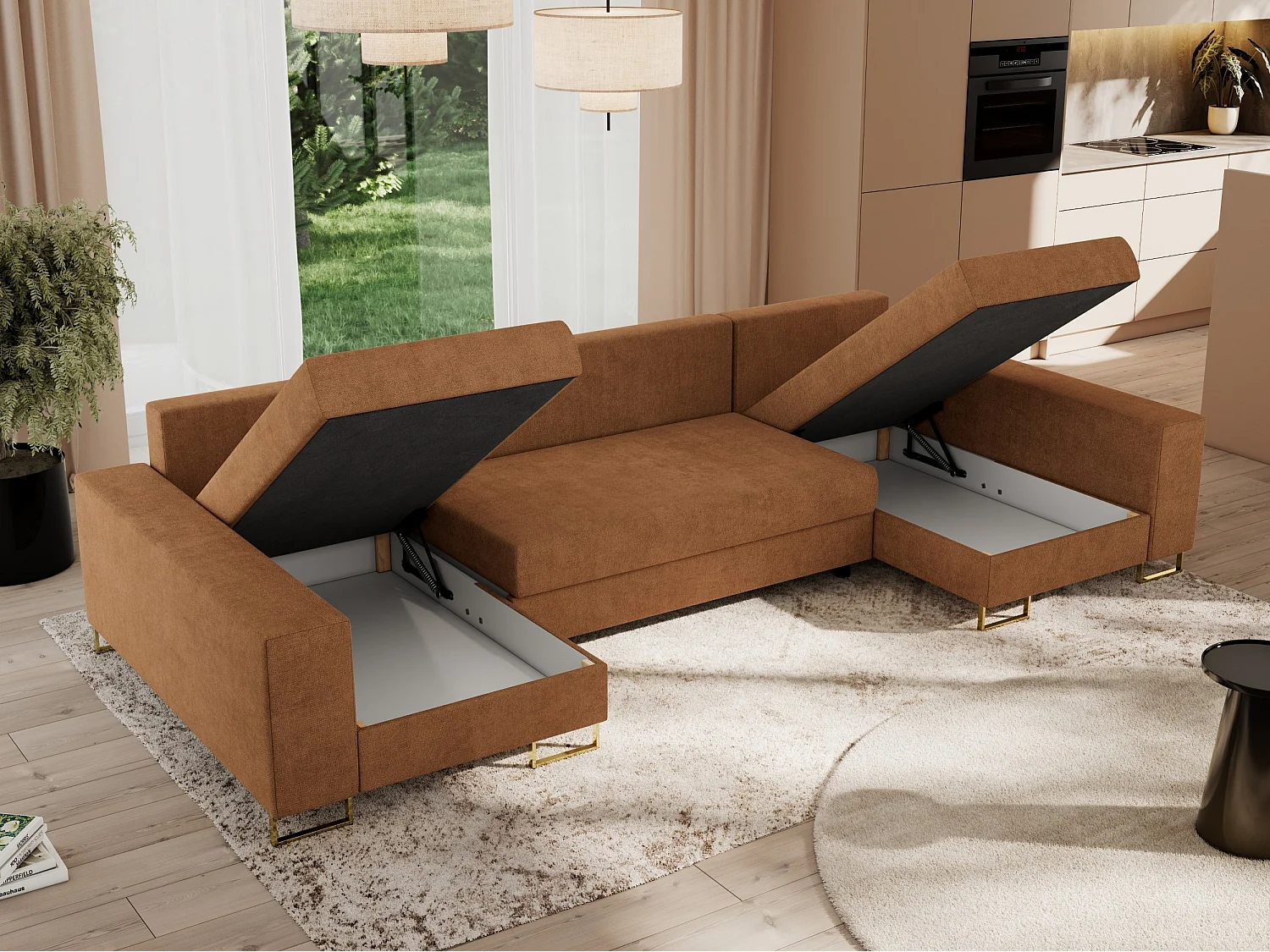 Ecksofa DORIAN U, Wohnlandschaft, Ecksofa mit Armlehnen, schlaffunktion und Bettkästen - Orange Struktur