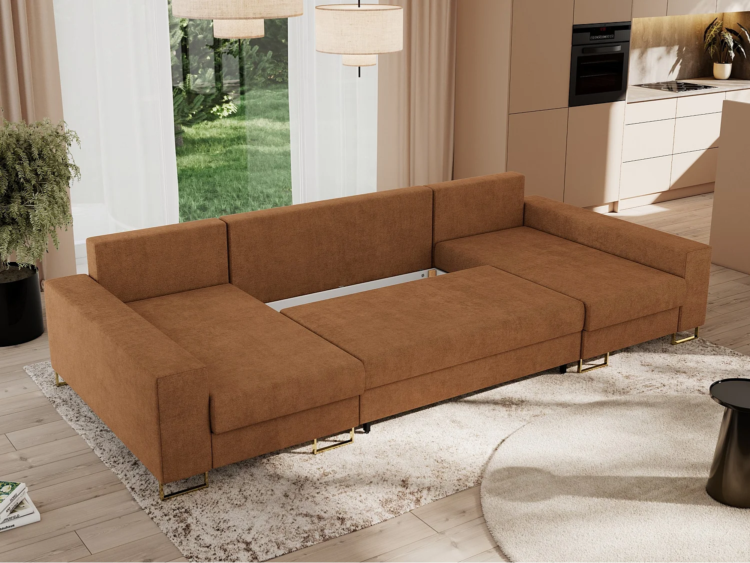 Ecksofa DORIAN U, Wohnlandschaft, Ecksofa mit Armlehnen, schlaffunktion und Bettkästen - Orange Struktur