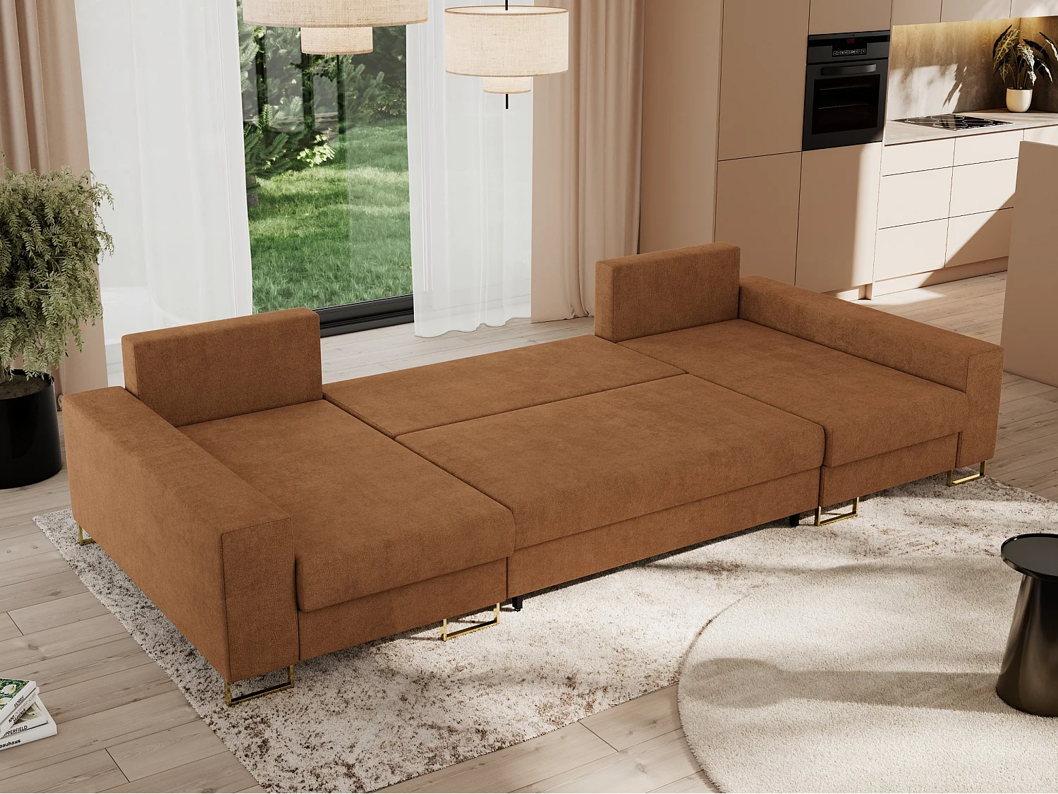 Ecksofa DORIAN U, Wohnlandschaft, Ecksofa mit Armlehnen, schlaffunktion und Bettkästen - Orange Struktur