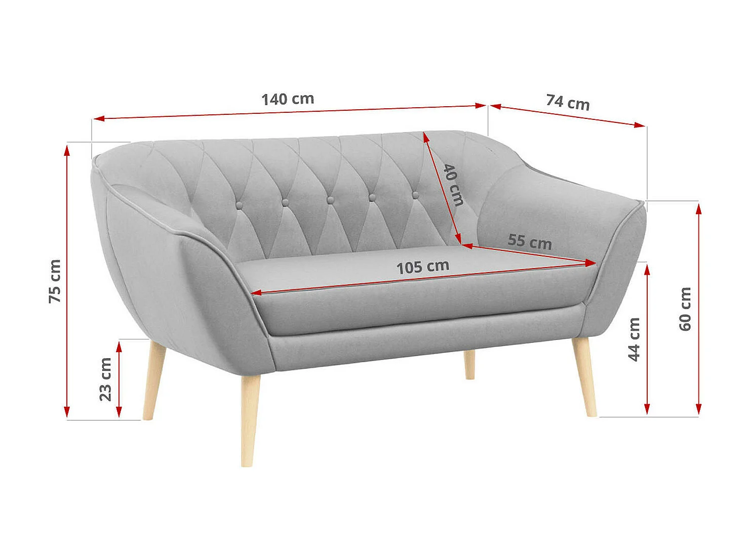 Sofa PIRS - 2-Sitzer, mit Armlehnen, Skandinavisches Design - Hellgrau Velvet