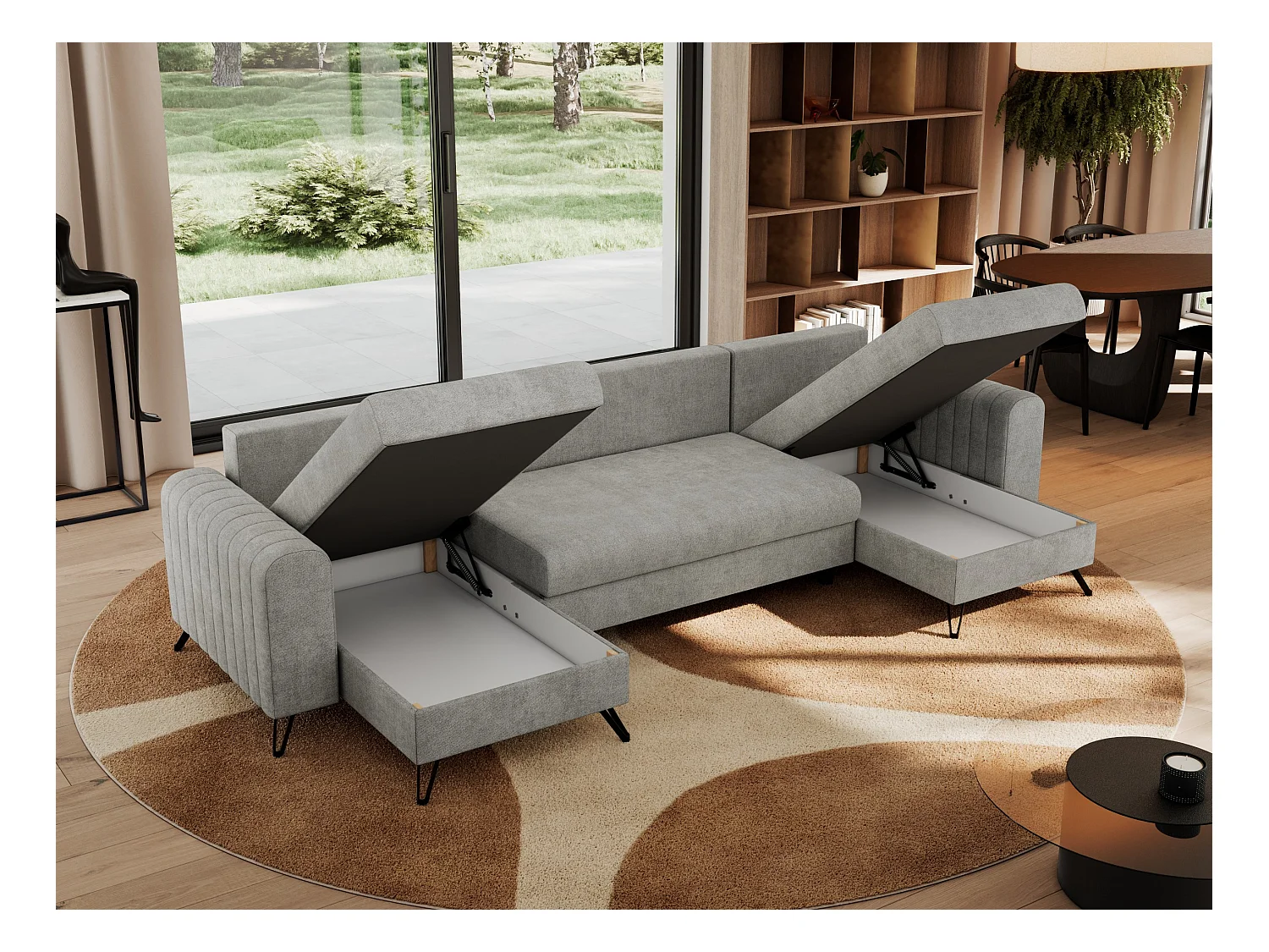 Ecksofa AXEL U, lose kissen, Ecksofa l-förmig, schlaffunktion und Bettkästen - Hellgrau Struktur