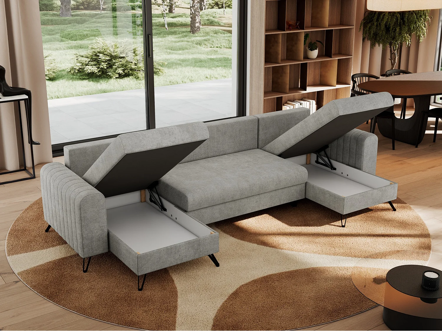 Ecksofa AXEL U, lose kissen, Ecksofa l-förmig, schlaffunktion und Bettkästen - Hellgrau Struktur