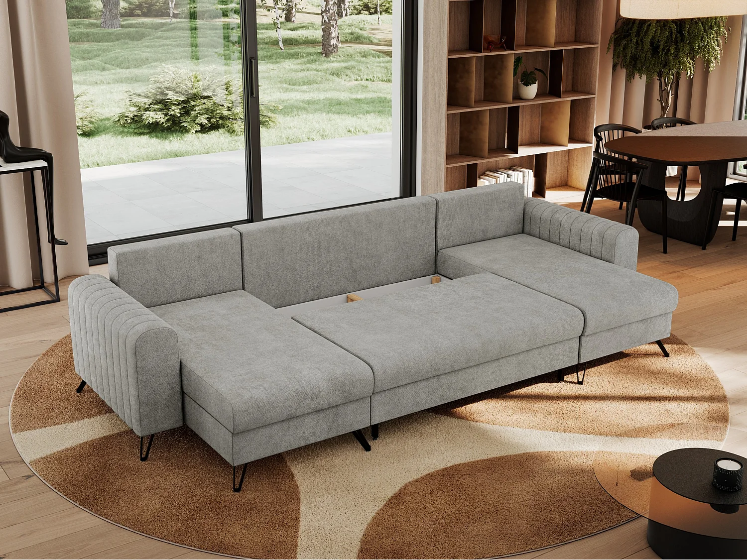 Ecksofa AXEL U, lose kissen, Ecksofa l-förmig, schlaffunktion und Bettkästen - Hellgrau Struktur