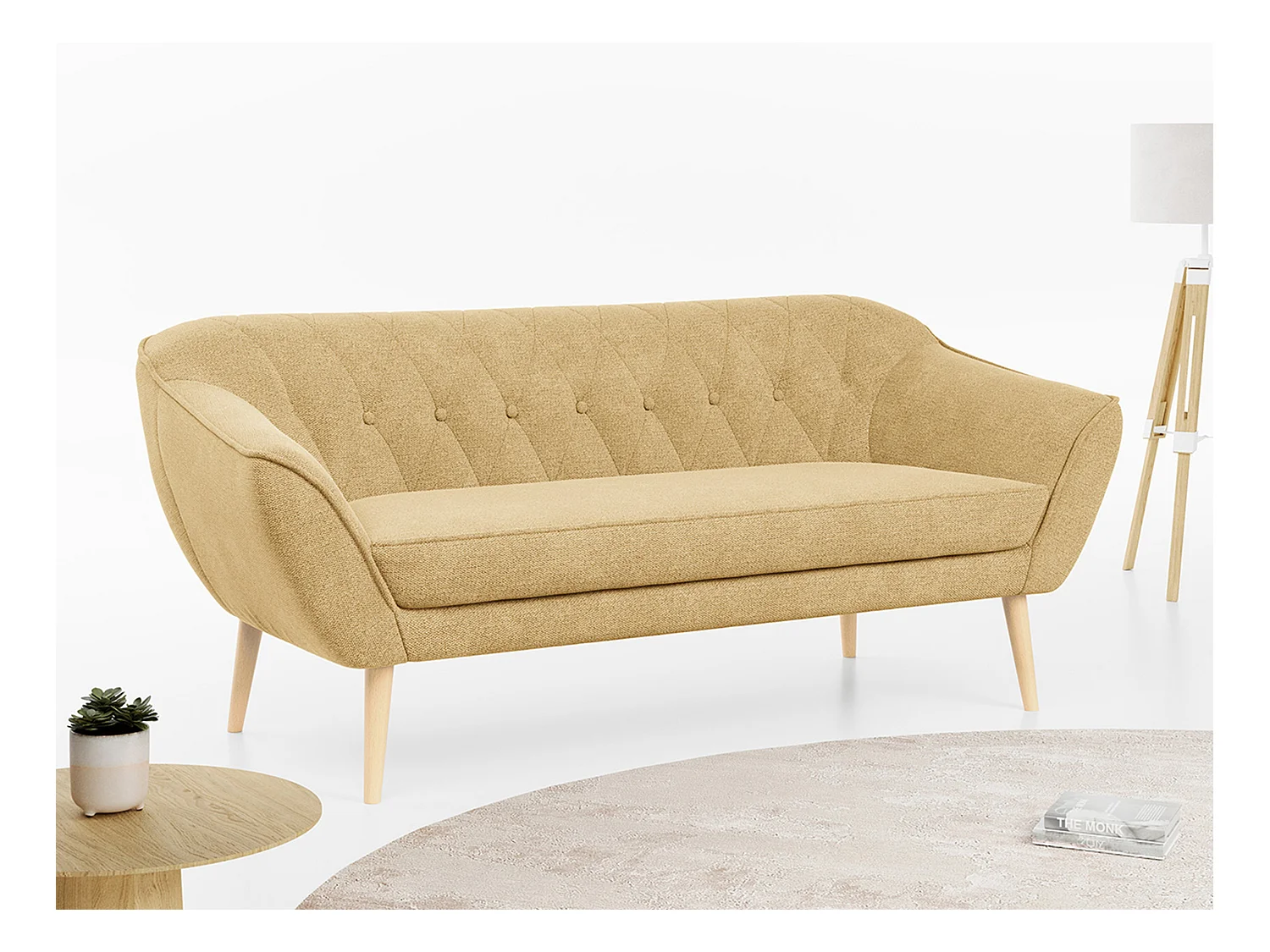 Sofa PIRS - 3-Sitzer Skandinavischer Sofa, mit Armlehnen, Holzbeine - Gelb Stukture